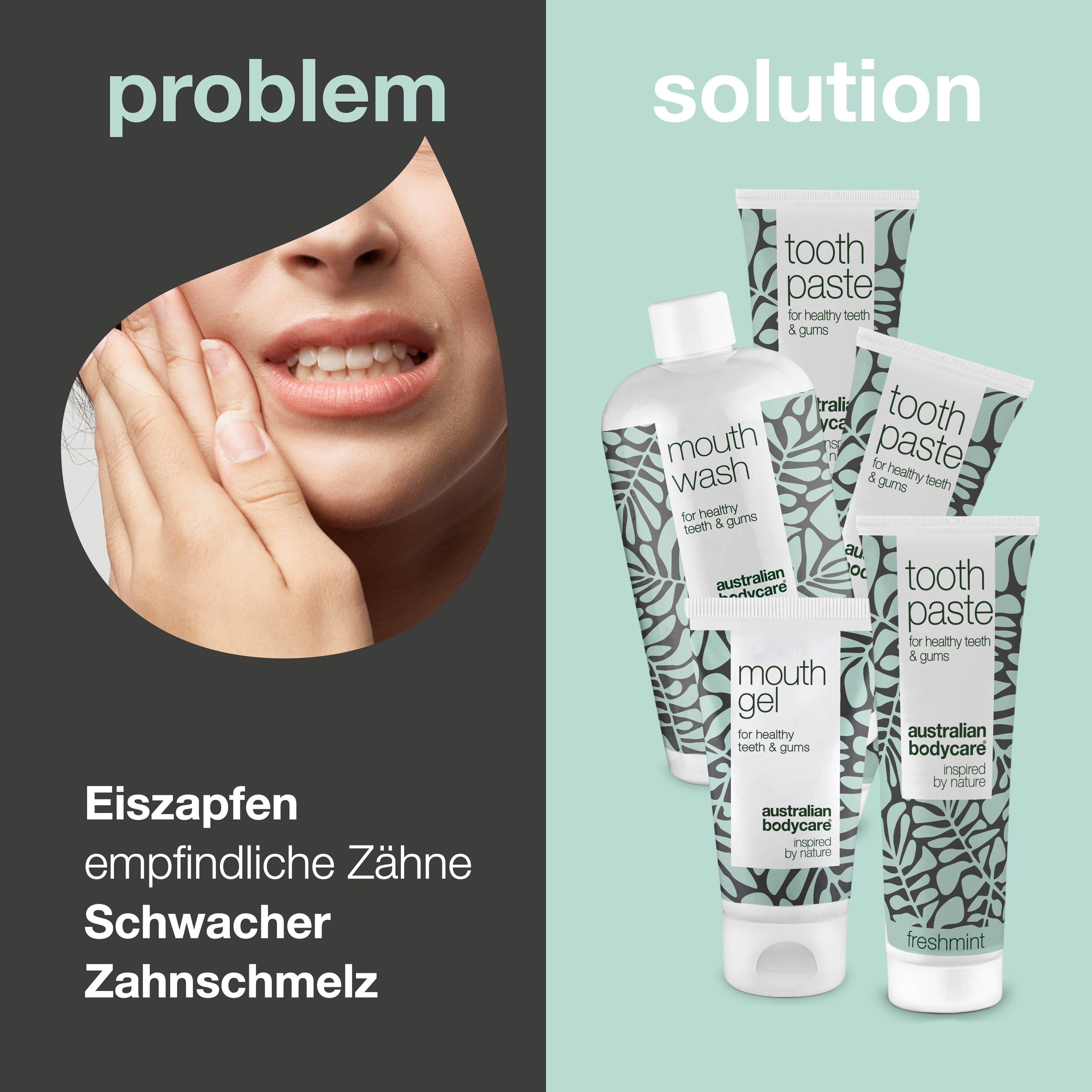 Vergleich: Problem und Lösung. Produkte: Zahnpasta, Mundspülung, Mundgel. Text: Australian Bodycare.
