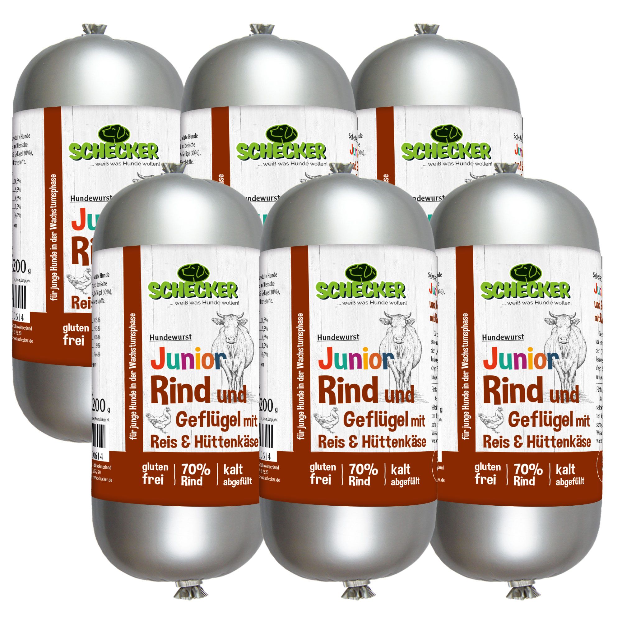 Schecker Dogreform Junior Fleischwurst mit Rind und Geflügel, Reis und Hüttenkäse