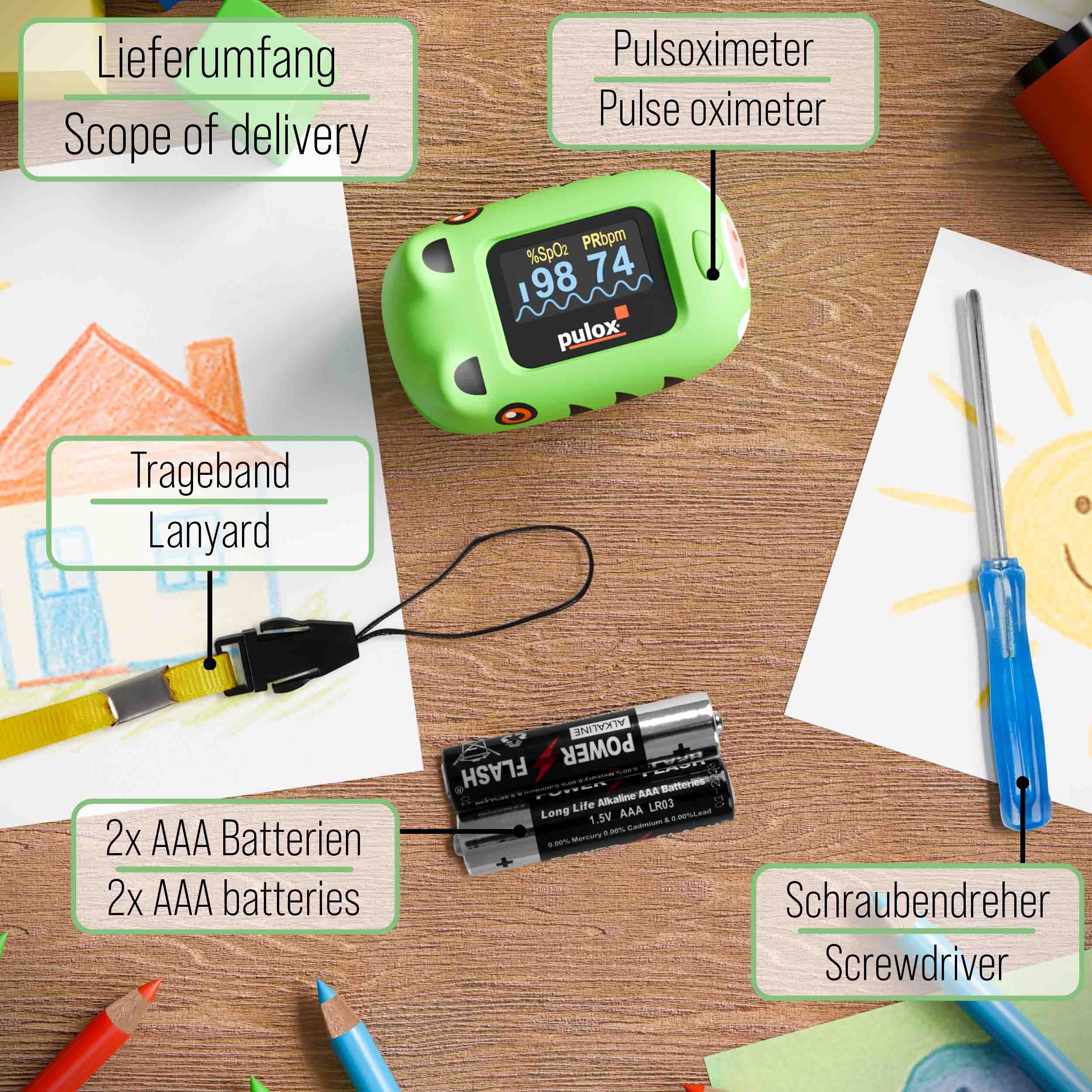 Grüner Pulsoximeter mit Zubehör. Zubehör: Lanyard, Batterien, Schraubendreher. Text: Pulsoximeter, Batterien.