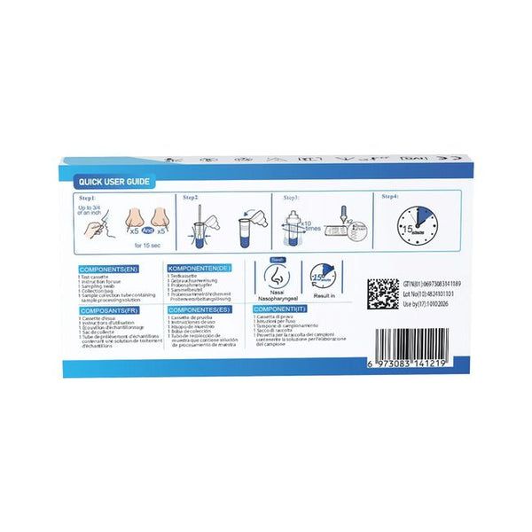 Die Rückseite der Dvot Multiplex-Testkit-Verpackung zeigt eine Kurzanleitung. Grafiken veranschaulichen die Testschritte: Probenentnahme, Mischung, Wartezeit und Ergebnis. Komponenten sind aufgelistet, darunter Tupfer, Extraktionsröhrchen und Testkassette. QR-Code und Chargennummer sind ebenfalls sichtbar.