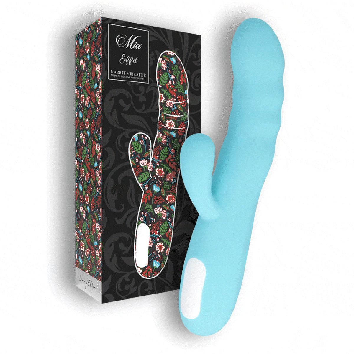 Blauer Rabbitvibrator mit Verpackung. Verpackung mit floralem Muster und Produktnamen. Vibrator mit geriffelter Oberfläche und Bedienfeld.