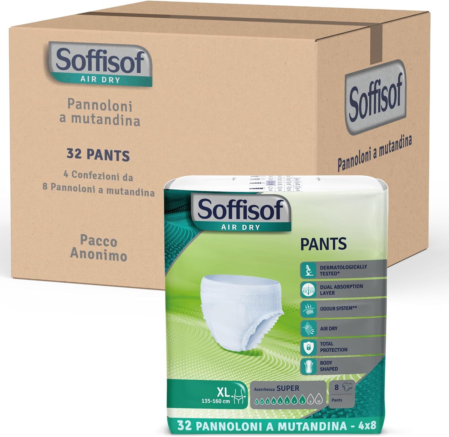 Soffisof Pants Super Inkontinenz Windelhosen. Verpackung mit Karton. 32 Stück. XL-Größe. Air Dry.
