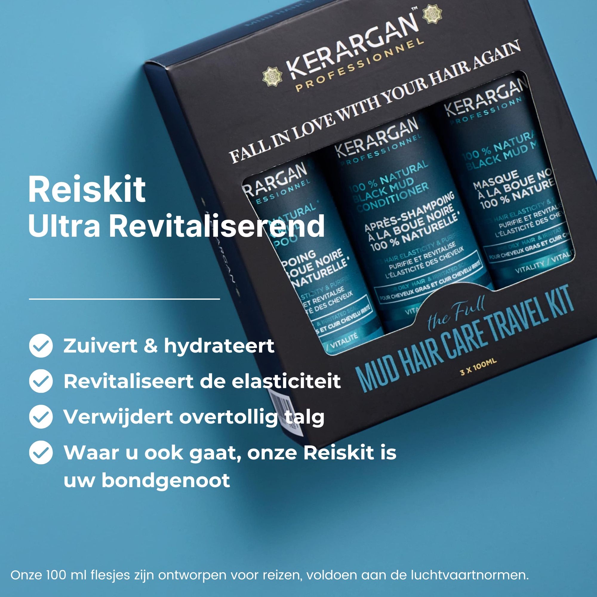 Reisset met drie Kerargan-producten. Tekst: Zuivert & hydrateert, Revitaliseert de elasticiteit, Verwijdert overtollig talg.