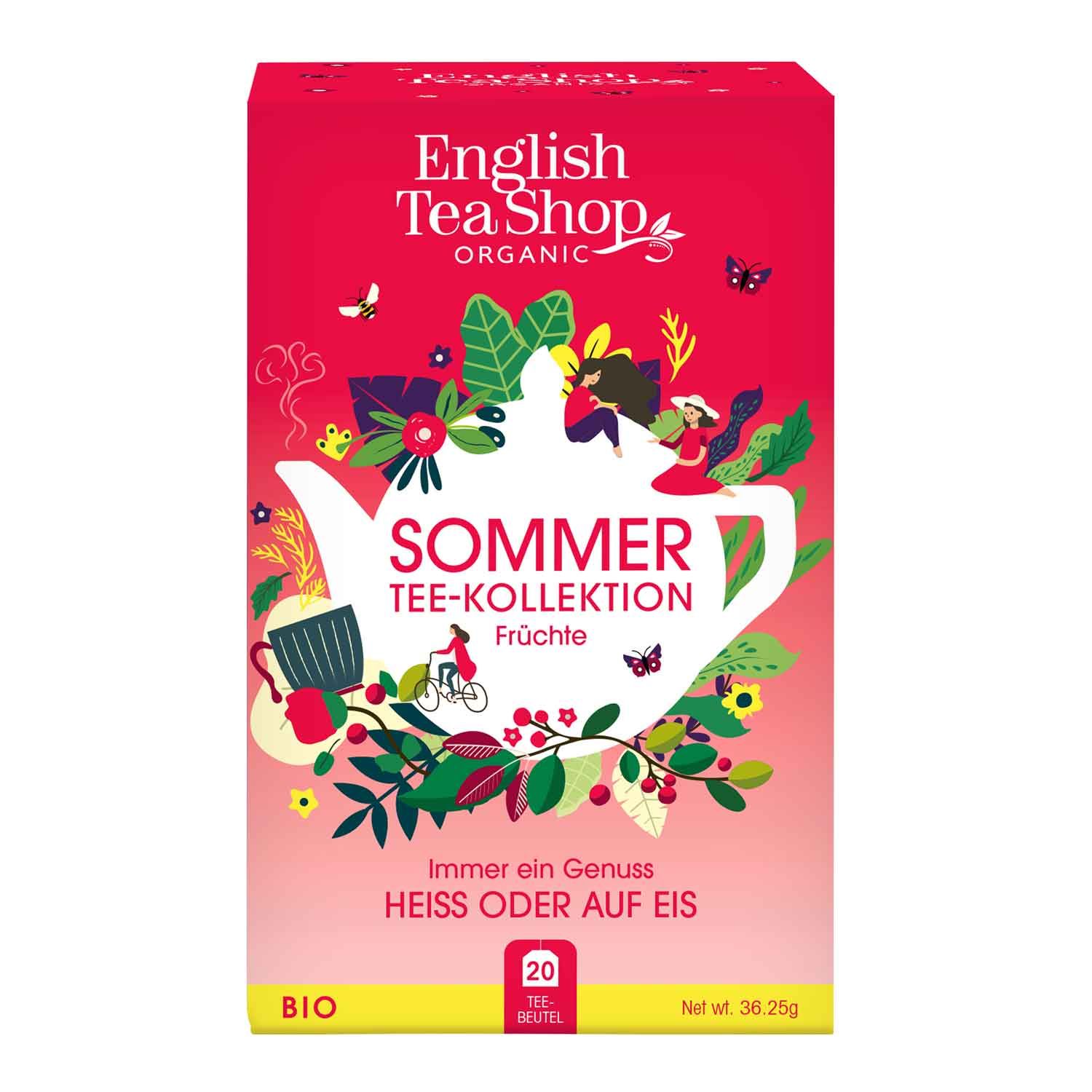 Rote Teebox mit Aufdruck. Enthält "Sommer Tee-Kollektion Früchte bio". "English Tea Shop Organic" Logo. 20 Teebeutel. Bio-Zertifizierung.