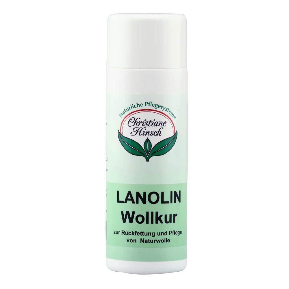 Zylindrische Flasche mit weißem Deckel. Aufschrift: Christiane Hinsch, Lanolin Wollkur. Text: zur Rückfettung und Pflege von Naturwolle.