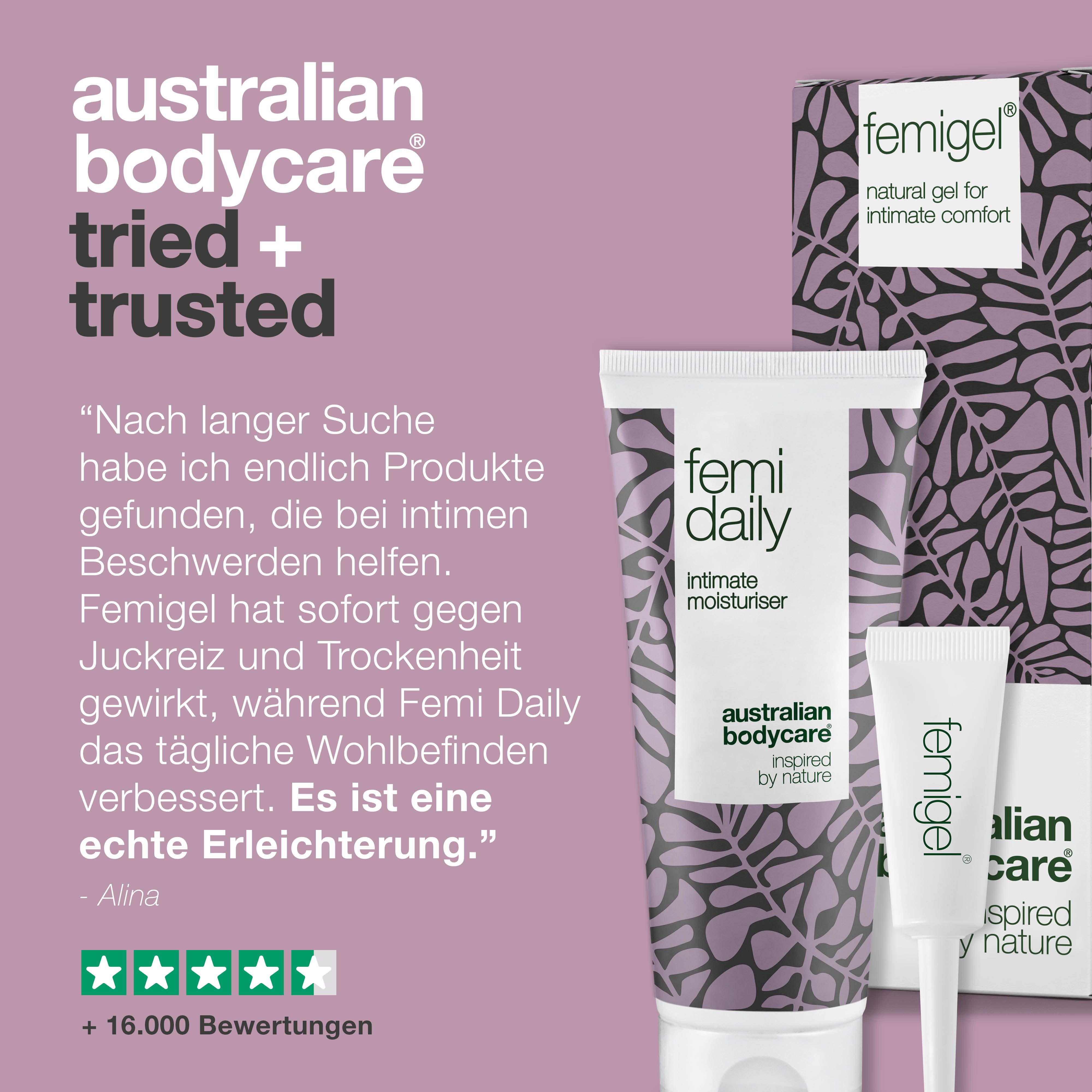 Femidaily, Femigel und Verpackung. Text auf Deutsch: Getestet und bestätigt. Logo: Australian Bodycare.