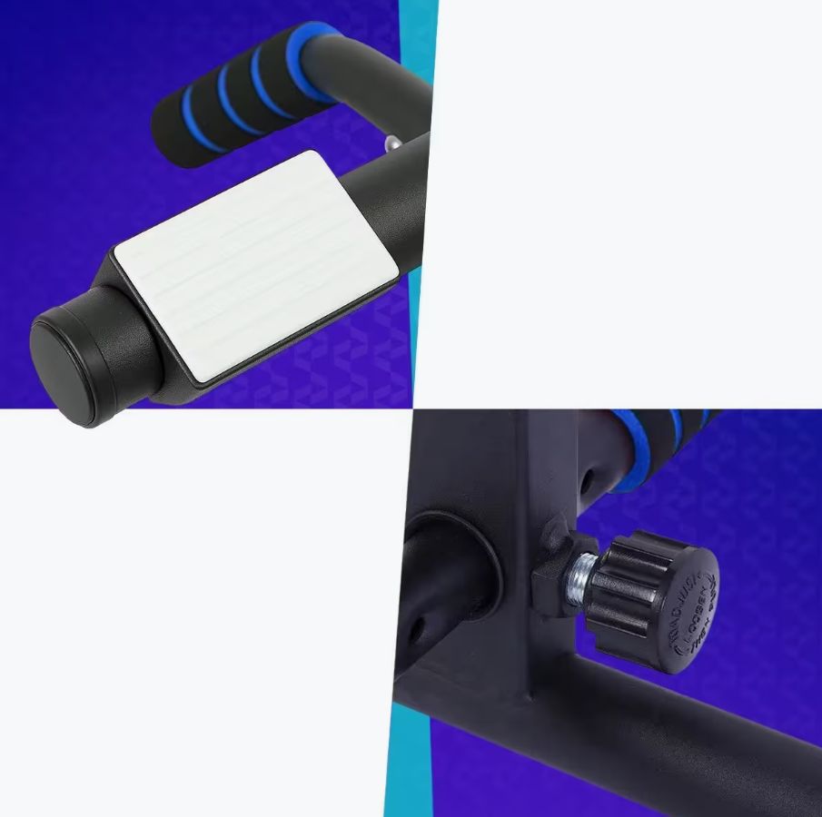 Nahaufnahmen von Details der Klimmzugstange: Befestigungspads und Schraube zur Einstellung.