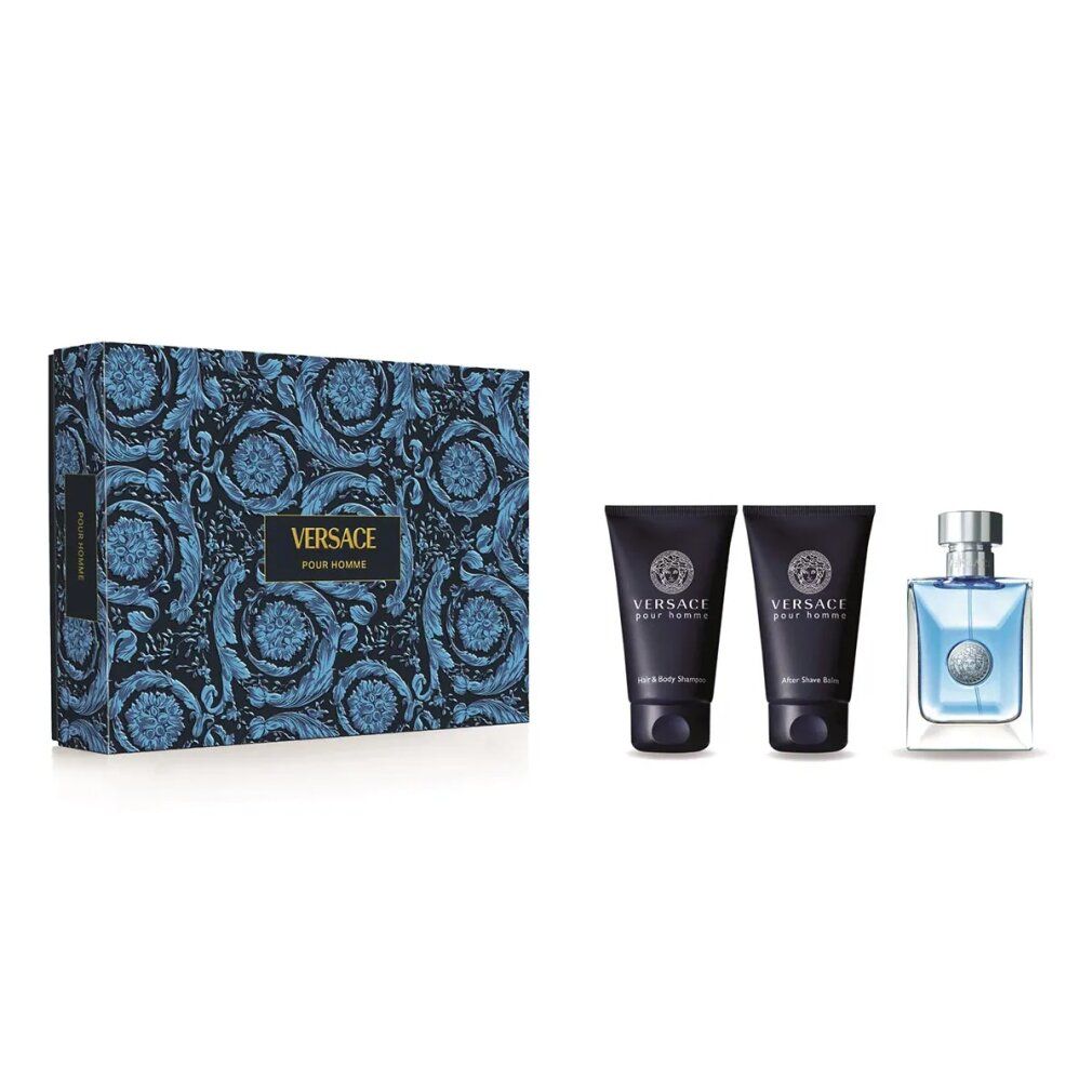 Geschenkset mit blauer Box, zwei Tuben und einem Flakon. Auf der Box steht "Versace Pour Homme".