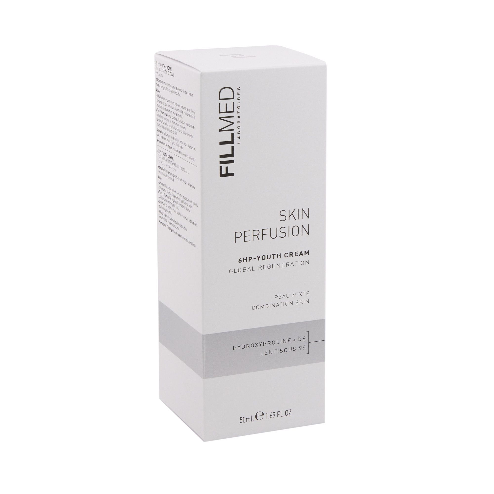 Weiße rechteckige Verpackung mit Produktnamen und Logo. Text: SKIN PERFUSION 6HP-YOUTH CREAM. Enthält Hydroxyproline und Lentiscus.