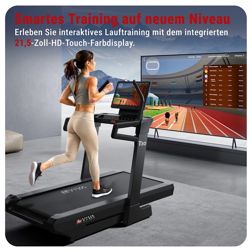 Frau trainiert auf AsVIVA Laufband T30 Pro Max Climb Marathon mit 21,5-Zoll-HD-Touch-Display.