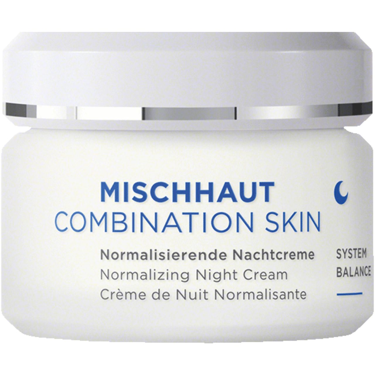Creme-Tiegel mit weißem Deckel. Aufschrift: MISCHHAUT COMBINATION SKIN. Text: Normalisierende Nachtcreme.