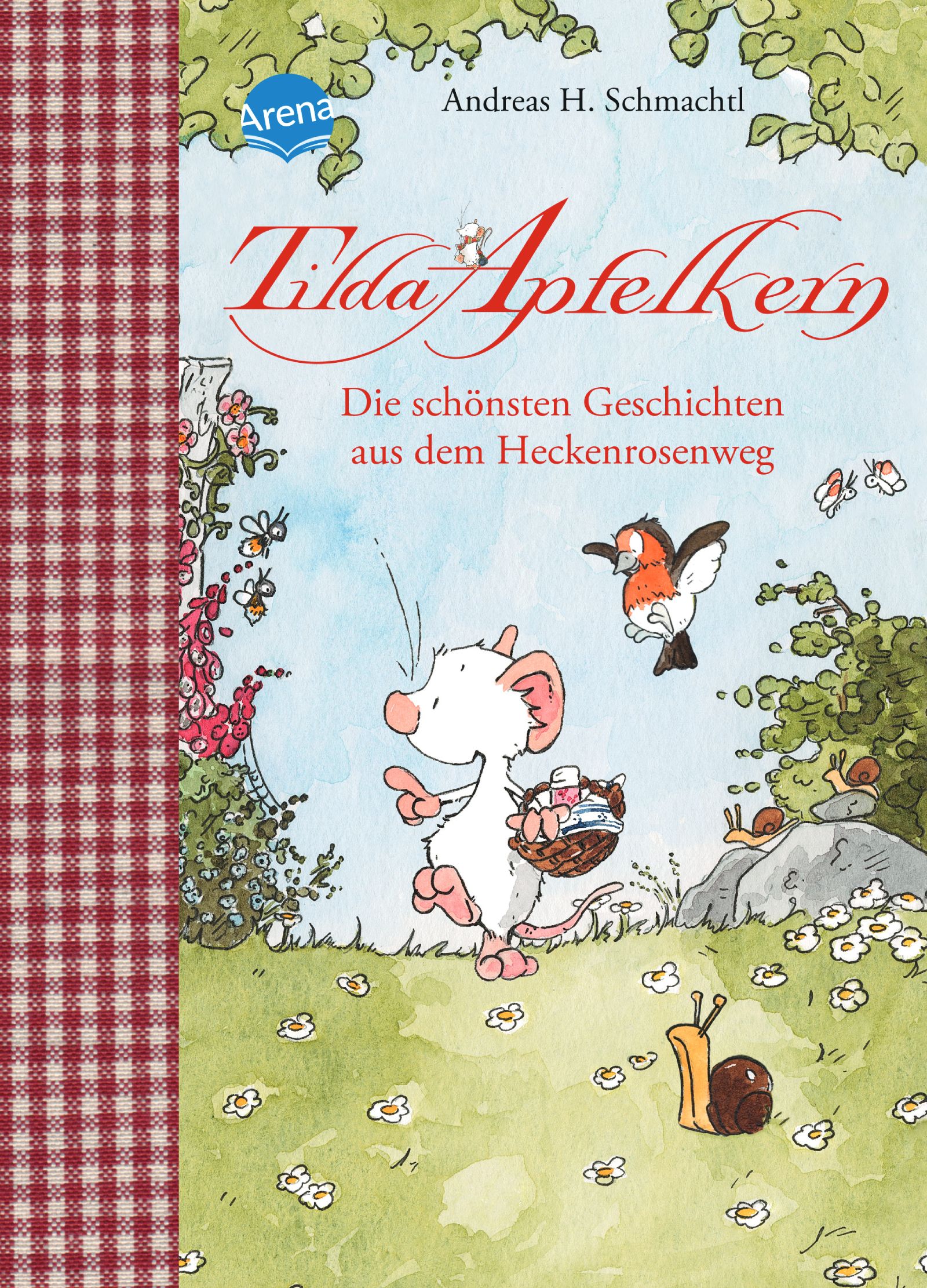 Buchcover mit Illustrationen. Titel: Tilda Apfelkern. Autor: Andreas H. Schmachtl. Verlag: Arena. Gezeichnete Maus mit Korb, Vögel, Schnecken.