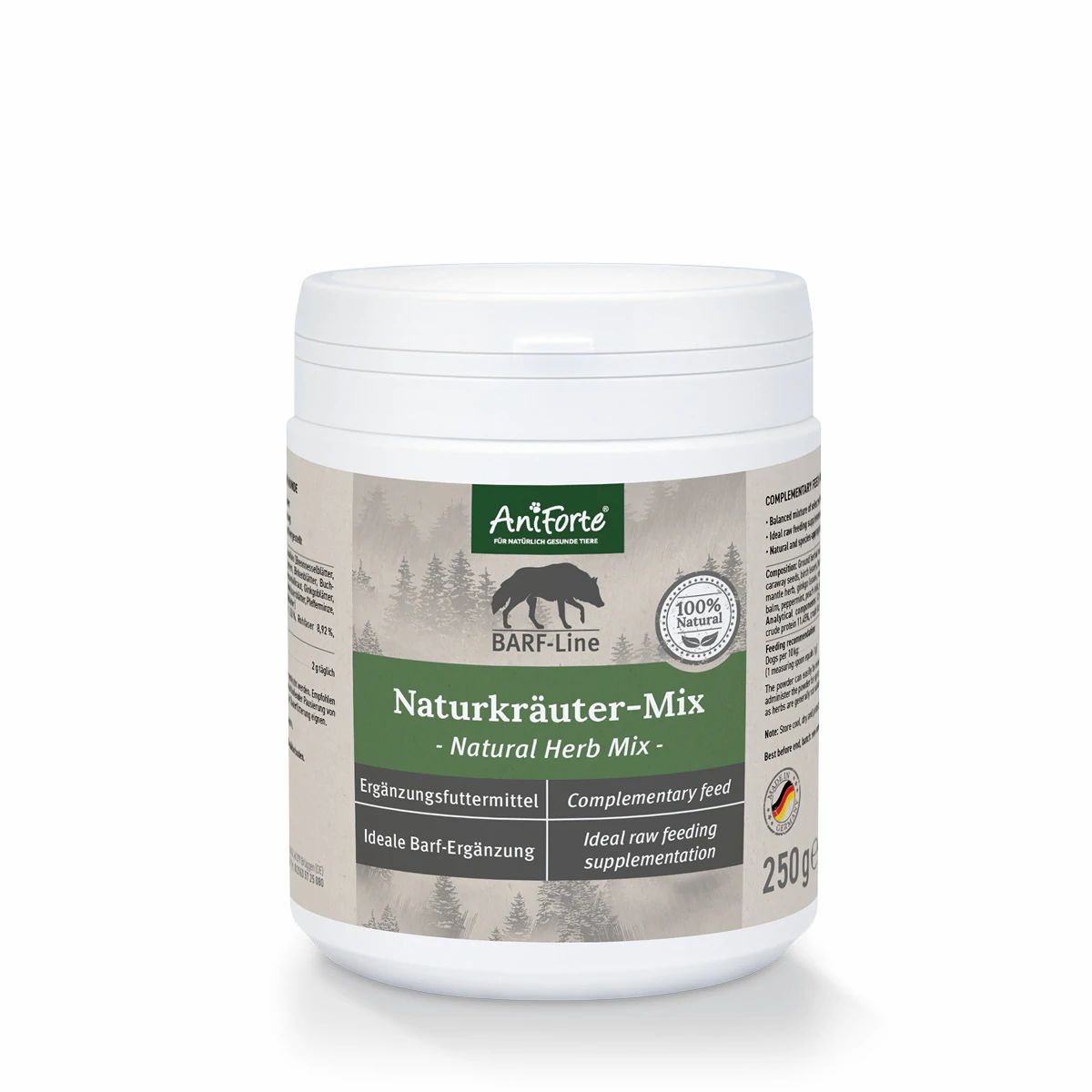 Weißes Produktglas mit Etikett. Aufschrift: AniForte, BARF-Line Naturkräuter-Mix, 100% natürlich. 250g. Ergänzungsfuttermittel.