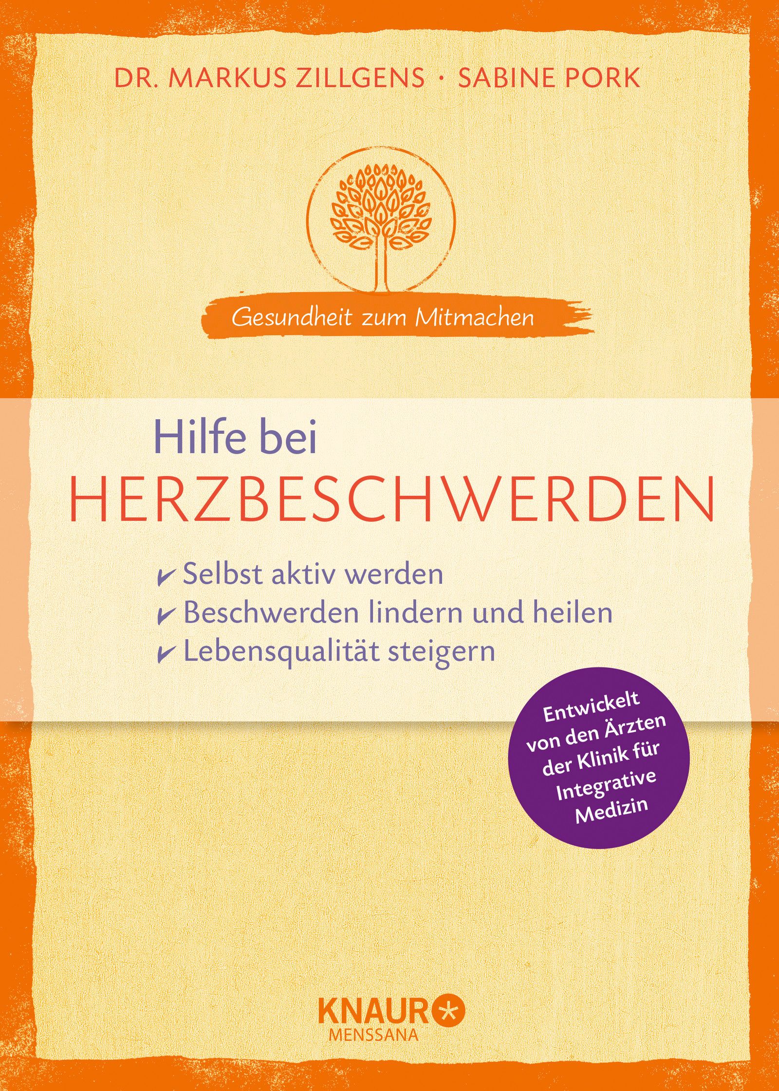 Buchcover: "Hilfe bei Herzbeschwerden". Autoren: Dr. Markus Zillgens, Sabine Pork. Titel in Rot. Logo mit Baum. KNAUR-Logo unten.
