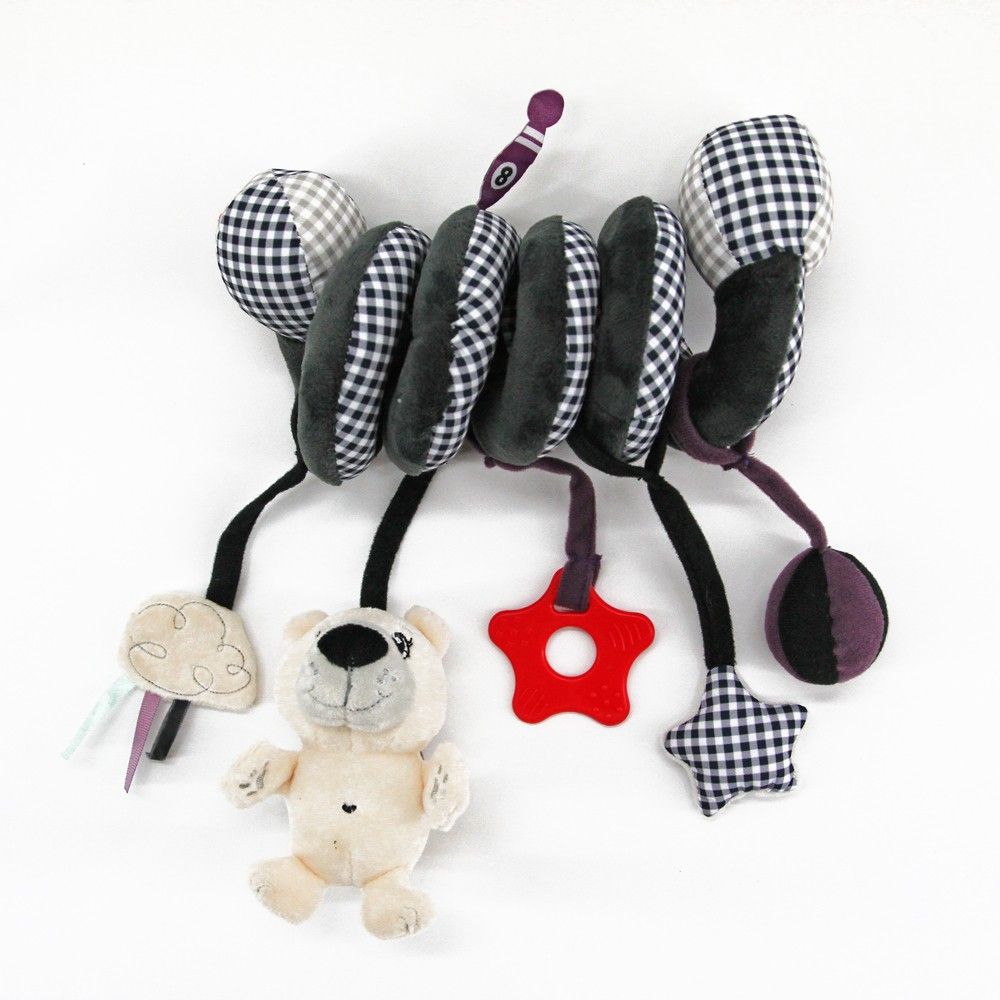 Spiral-Aktivitätsspielzeug mit Teddy, Sternen und Wolke. Schwarz-weiß kariert und rot. Für Babys.