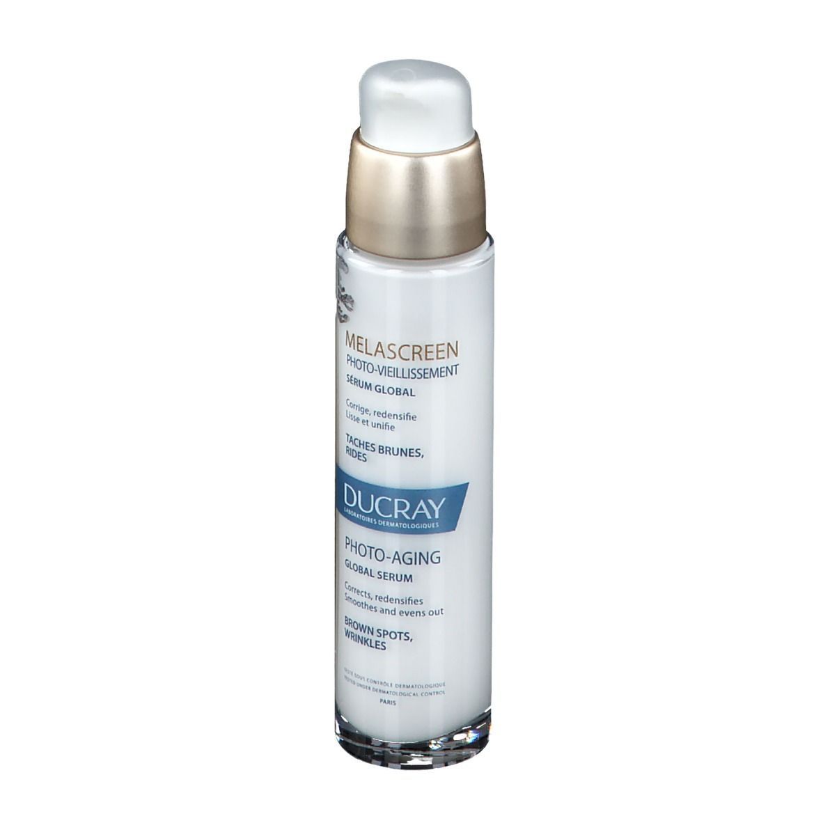Weiße Flasche mit Pumpe. Aufschrift: MELASCREEN, Photo-Vieillissement Serum Global. Goldfarbener Verschluss.