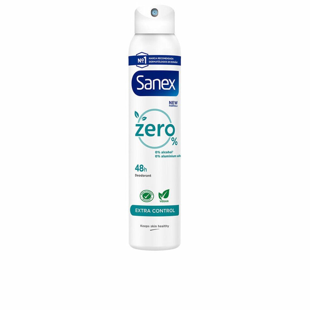 Weißes Spray mit blauer und grüner Beschriftung. Sanex Zero. 0% Alkohol, 0% Aluminiumsalze. 48h Deodorant. Vegan.