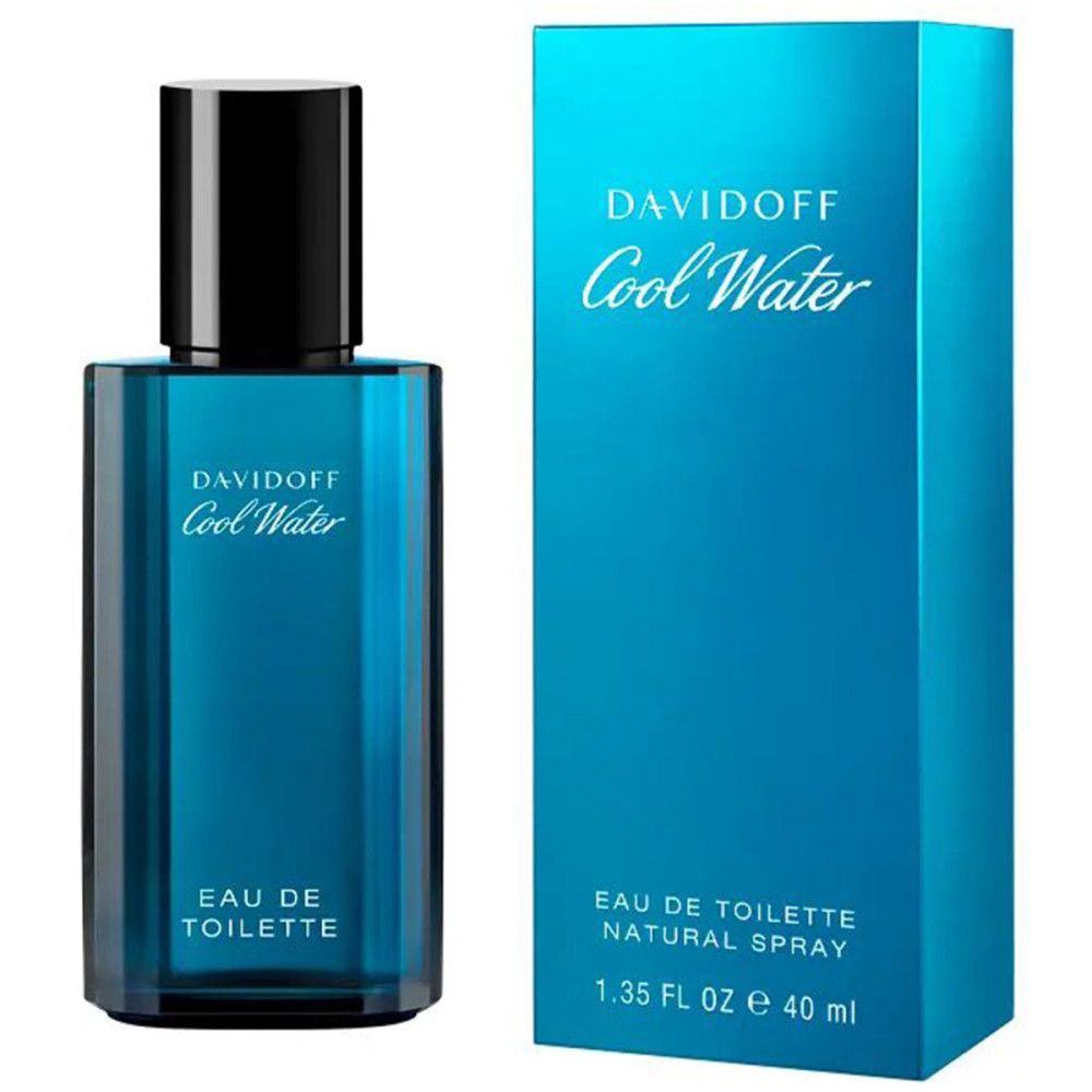 Davidoff Cool Water Eau de Toilette Flakon und Verpackung. Blaues Glas, schwarzer Deckel. Verpackung mit Logo und Text.