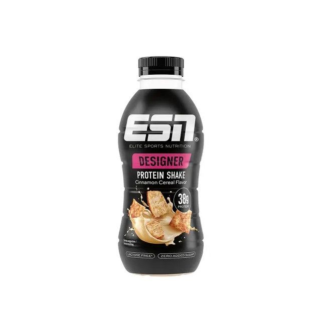 ESN Designer Protein Shake, schwarze Flasche mit weißem Etikett. Text: Designer Protein Shake, Zimt-Cereal-Geschmack, 38g Protein.