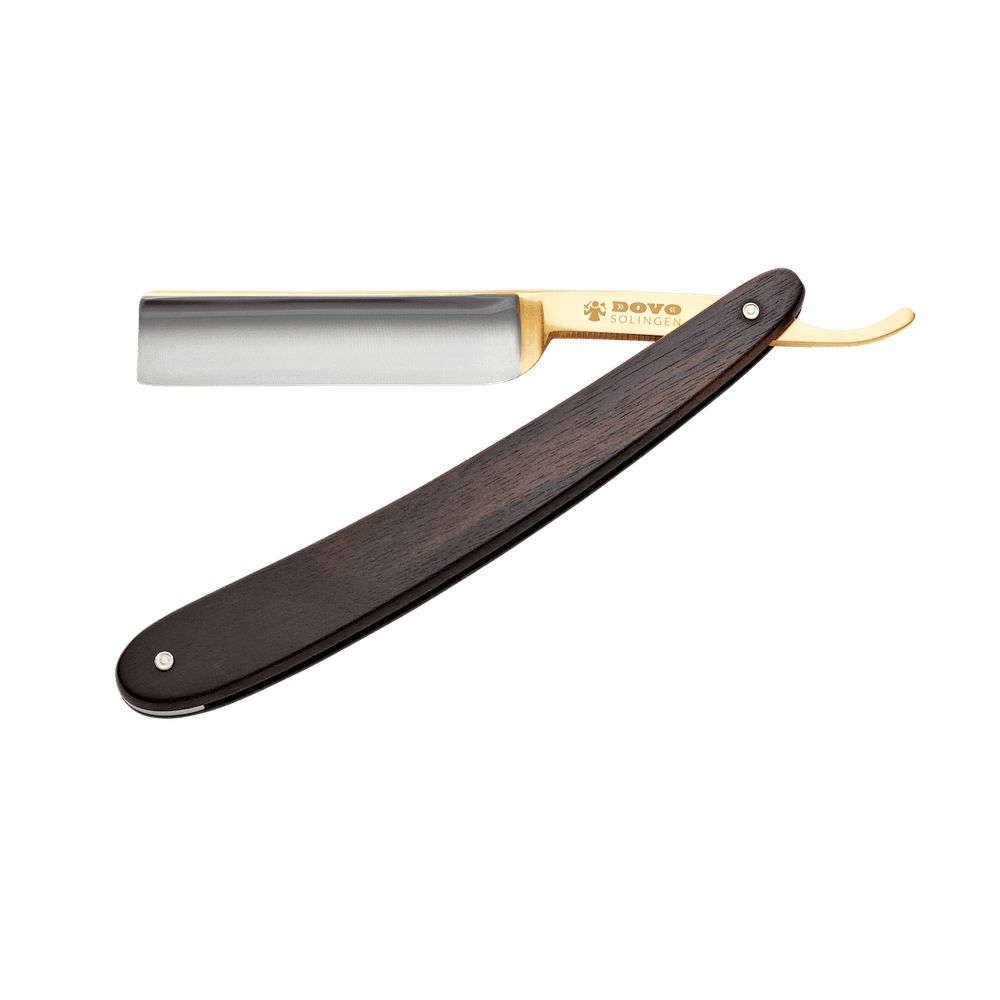 Rasiermesser mit Holzgriff. Klinge aus Metall, goldfarbener Rücken. DOVO Solingen Logo.
