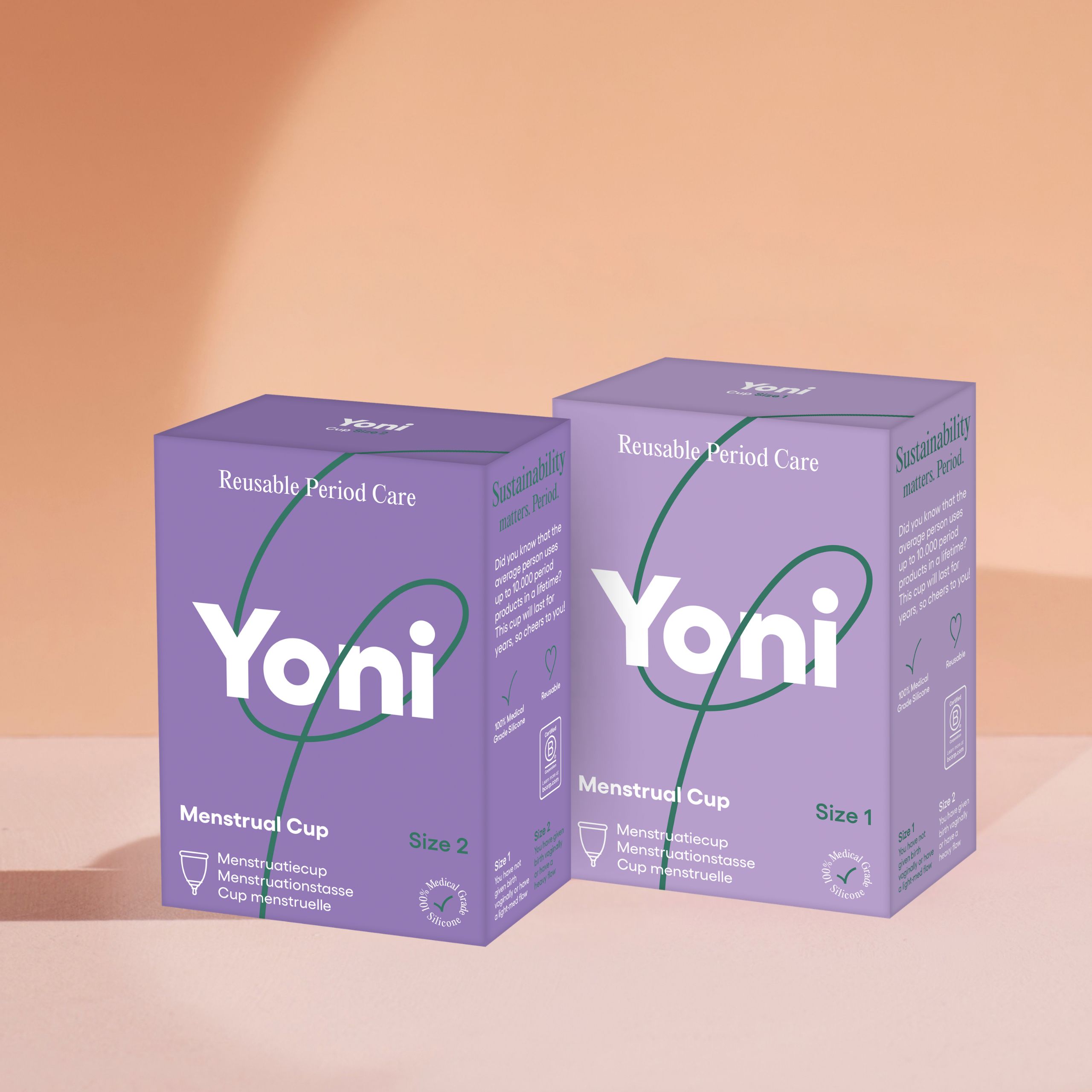 Lila Verpackung mit "Yoni" Schriftzug. Menstruationstasse, Größe 1. Medizinische Silikon.