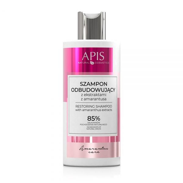 Flasche mit Shampoo. Aufschrift: APIS, SZAMPON ODBUDOWUJĄCY, mit Amaranth-Extrakten. 85% natürlichen Ursprungs.