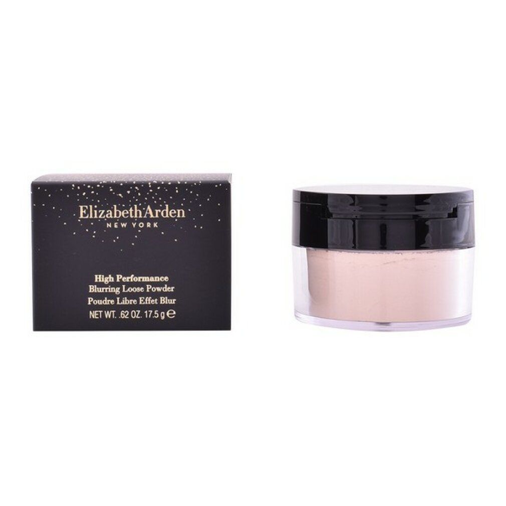Transparenter loser Puder und Verpackung. Schwarze Schachtel mit Markennamen und Produktbezeichnung. Transparenter Behälter.