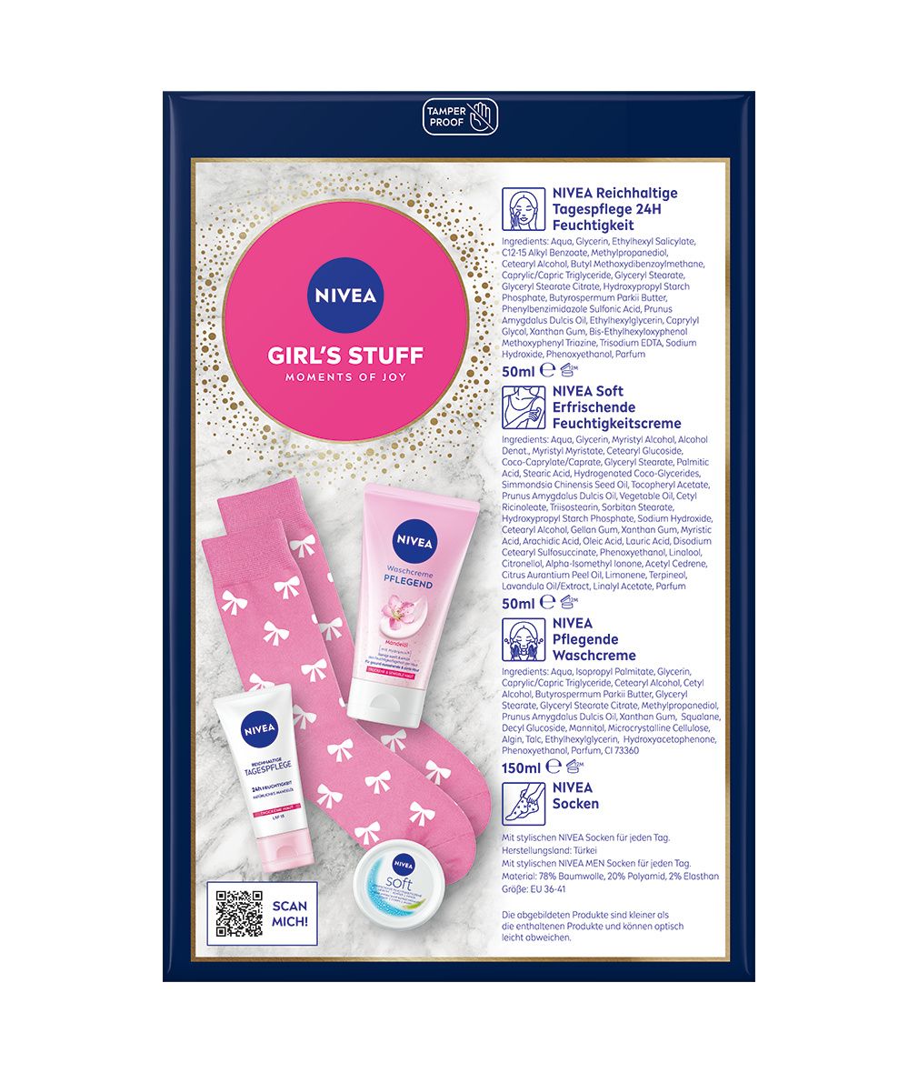 Rückseite der Geschenkbox NIVEA Girl's Stuff. Enthält Produktinformationen, Inhaltsstoffe und QR-Code.