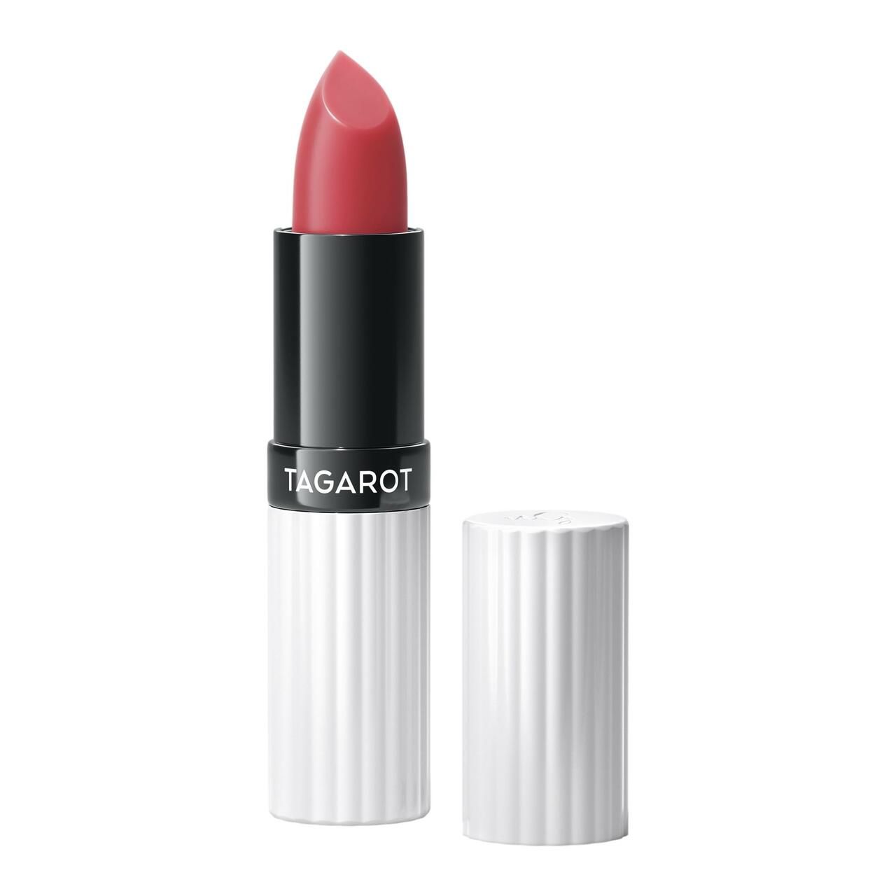 Lippenstift mit rosa Lippenstiftstift. Schwarzer Schaft mit weißem, geriffeltem Gehäuse. Der Markenname Targarot ist sichtbar.