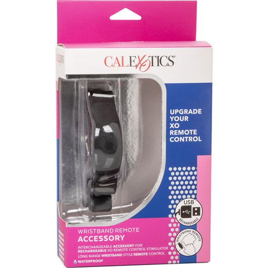Verpackung mit schwarzem Armband. Aufschrift: CALEXOTICS, UPGRADE YOUR XO REMOTE CONTROL, WRISTBAND REMOTE ACCESSORY.