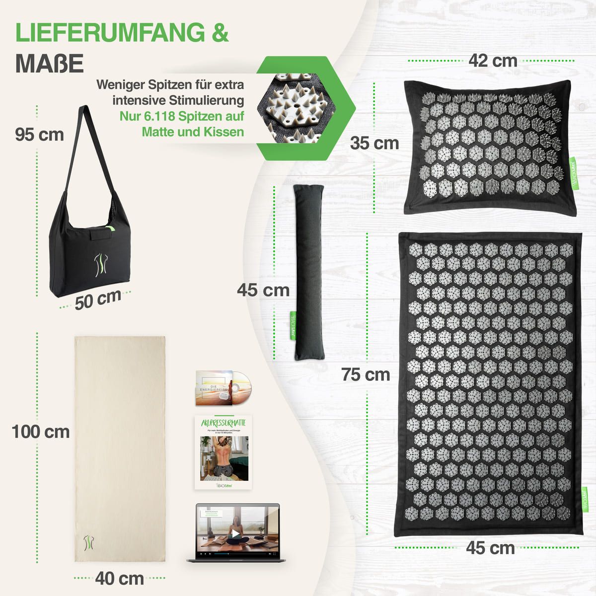 Akupressurmatte, Kissen, Tragetasche. Maße: Matte 100x45cm, Kissen 42x35cm, Tasche 95x50cm. Zubehör: Rolle, DVD, Buch. Text: Lieferumfang & Maße.