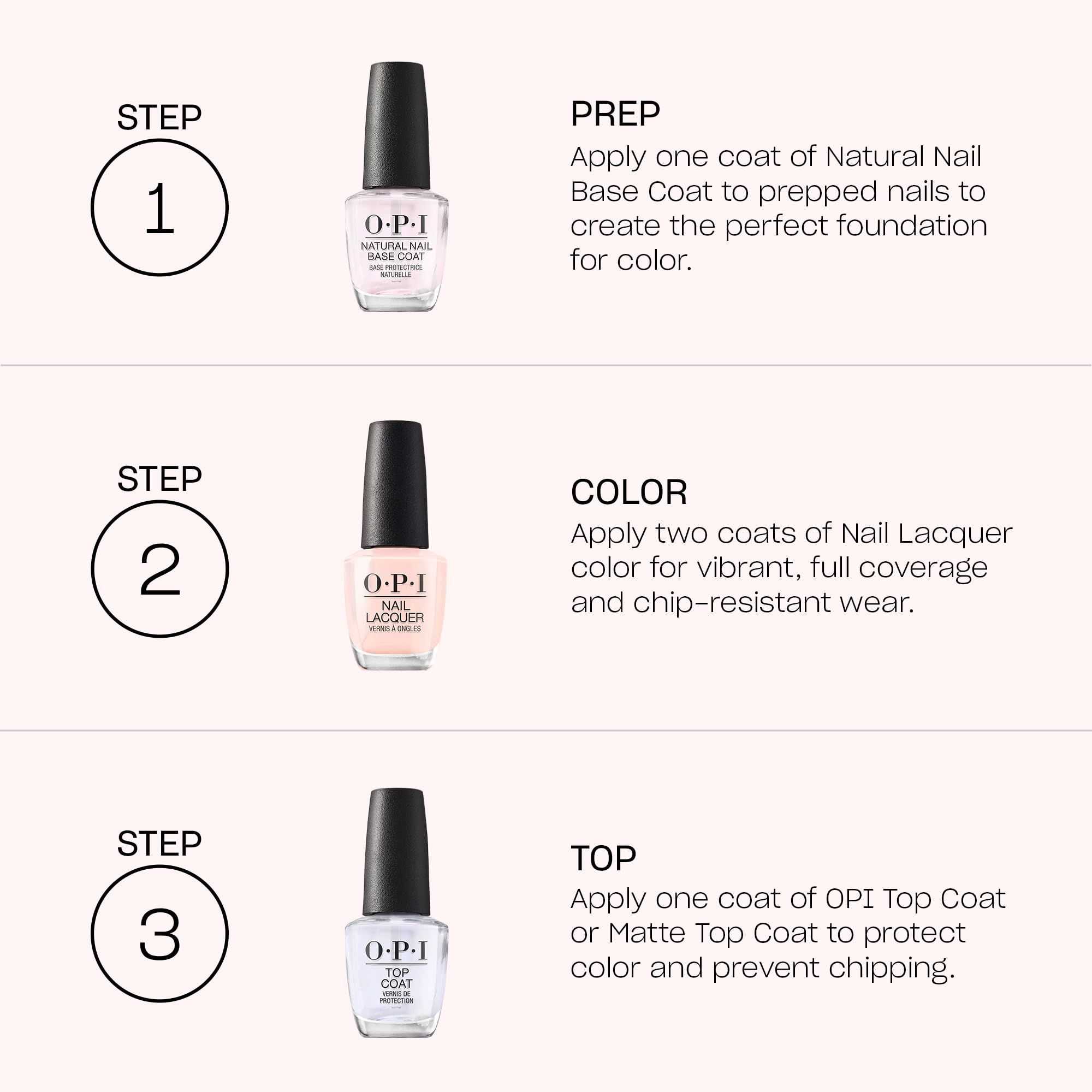 Drei OPI Nagellacke. Schritt 1: Base Coat. Schritt 2: Farblack. Schritt 3: Top Coat. Anweisungen für die Anwendung.