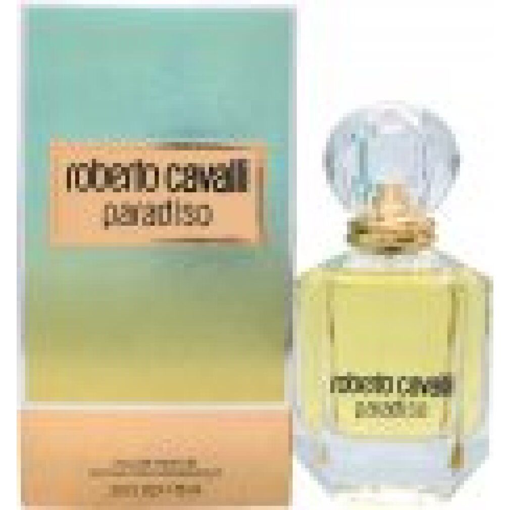 Parfümflakon und Schachtel. Flakon mit goldener Verzierung und Kristallverschluss. Aufschrift: Roberto Cavalli Paradiso. Schachtel mit Logo.