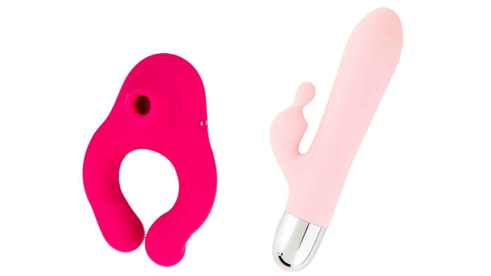 Zwei Sexspielzeuge: ein rosa Ring und ein rosa Vibrator mit Aufsatz. Beide aus weichem Material. Unterschiedliche Formen.