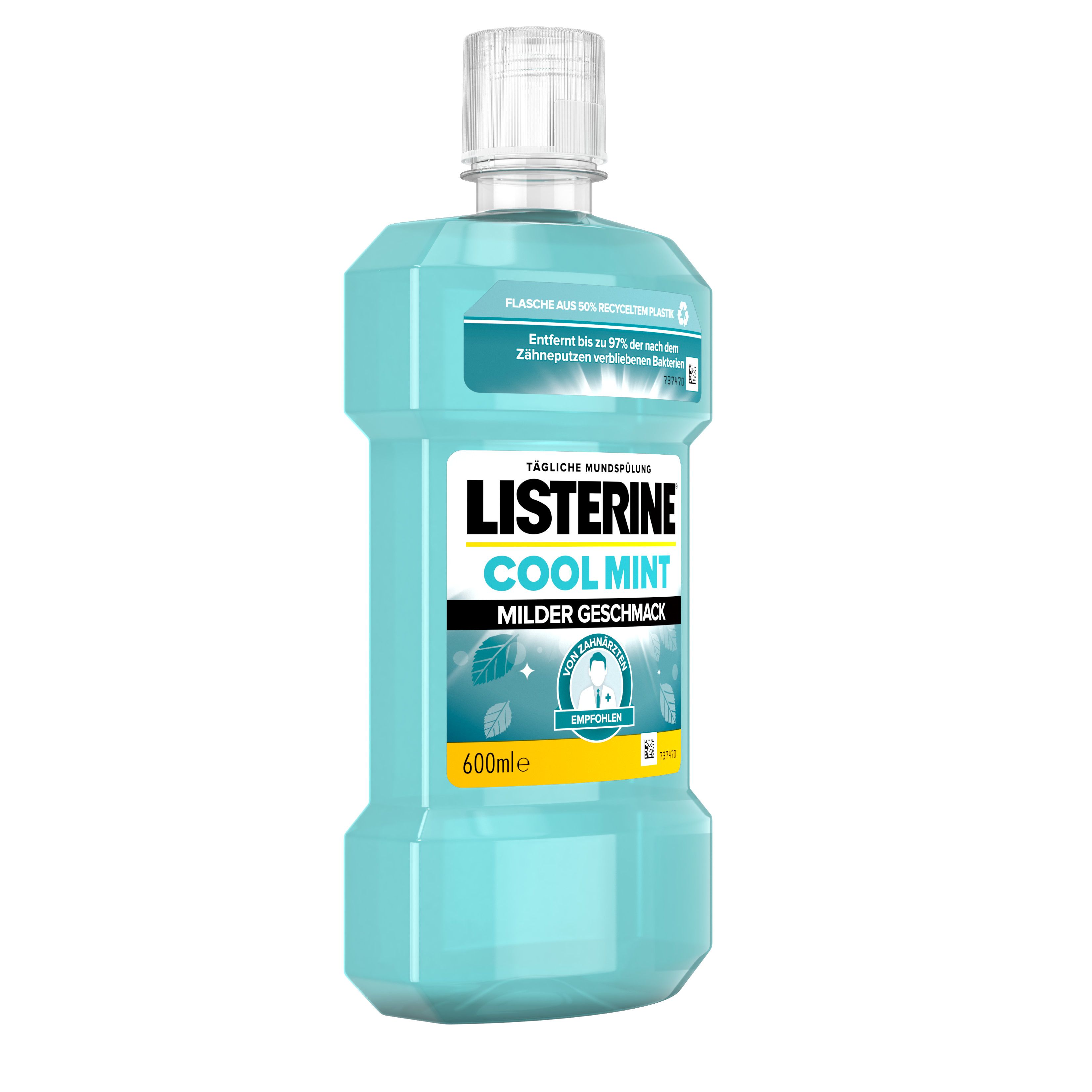 Listerine Cool Mint Mundspülung, blaue Flasche mit weißem Deckel. Aufschrift: Cool Mint, milder Geschmack. 600ml.