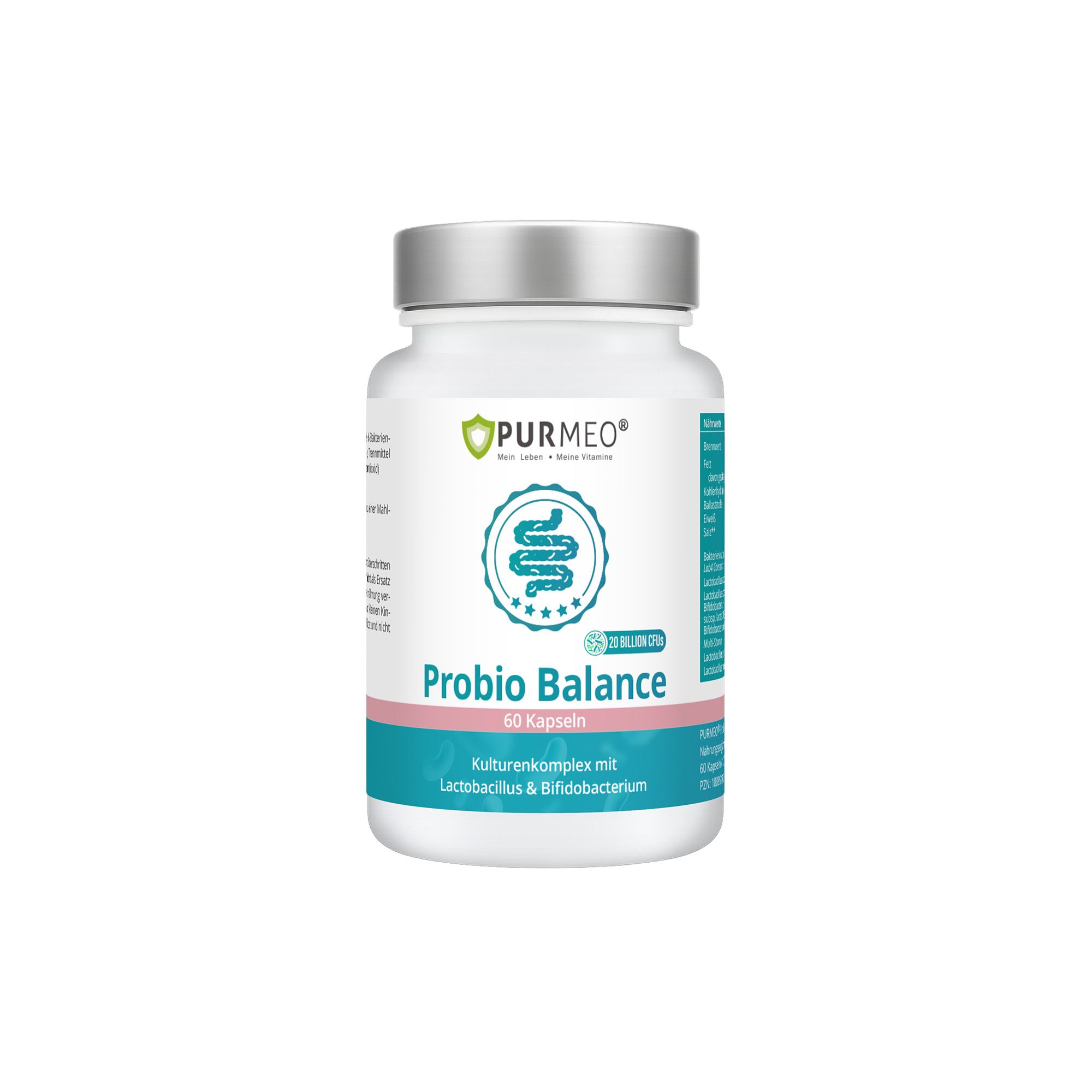 Weißes Pillenfläschchen mit silbernem Deckel. Aufschrift PURMEO, Probio Balance, 60 Kapseln. Türkis-rosa Etikett.