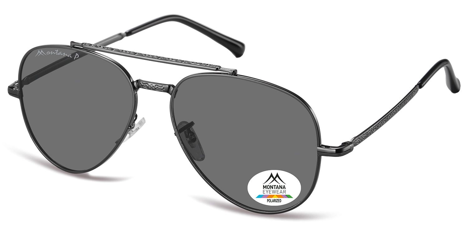 Dunkelgraue Sonnenbrille mit Pilotenform. Montana Eyewear Logo auf dem linken Glas und Aufkleber auf dem rechten Glas. Polarisierte Gläser.