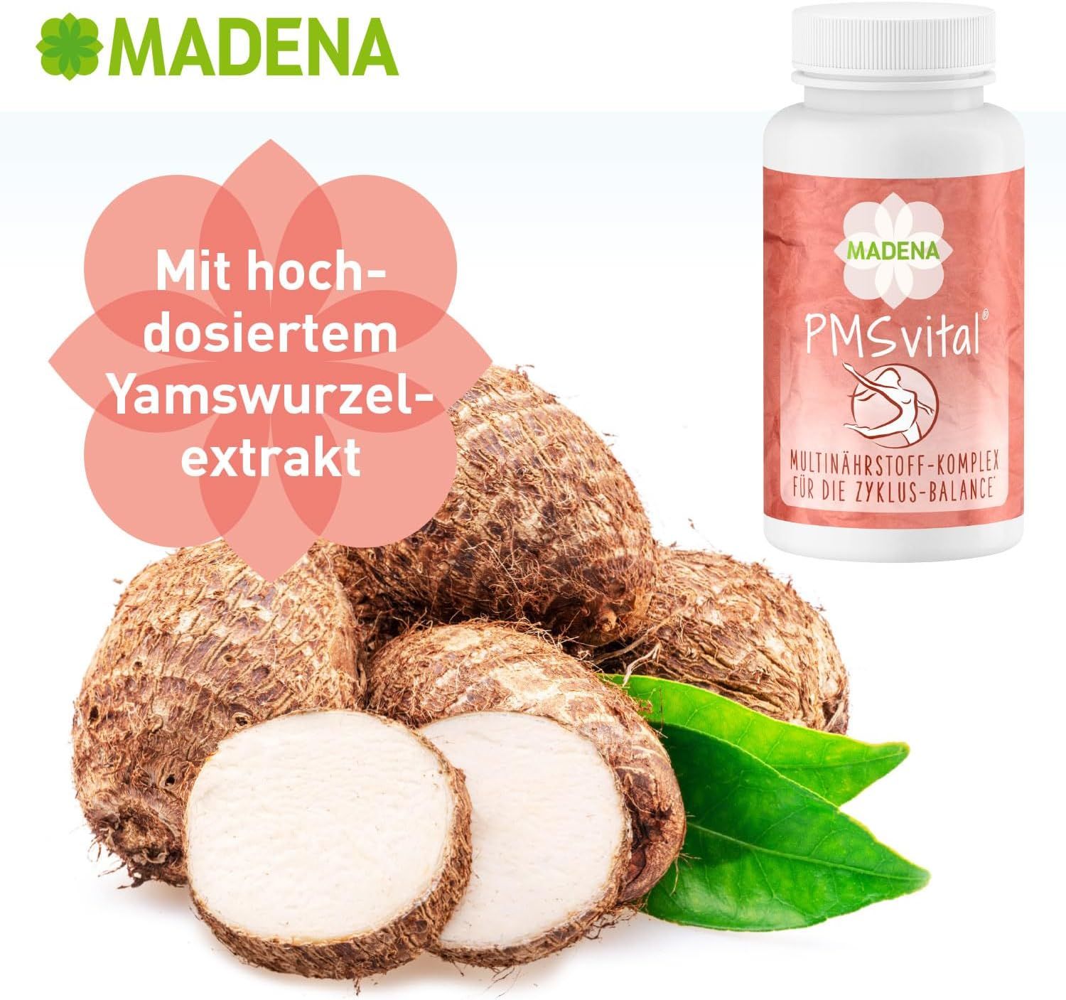 Produktflasche mit Etikett. Text: MADENA, PMSvital, Multinährstoff-Komplex für die Zyklus-Balance. Yamswurzelextrakt und Yamswurzeln.