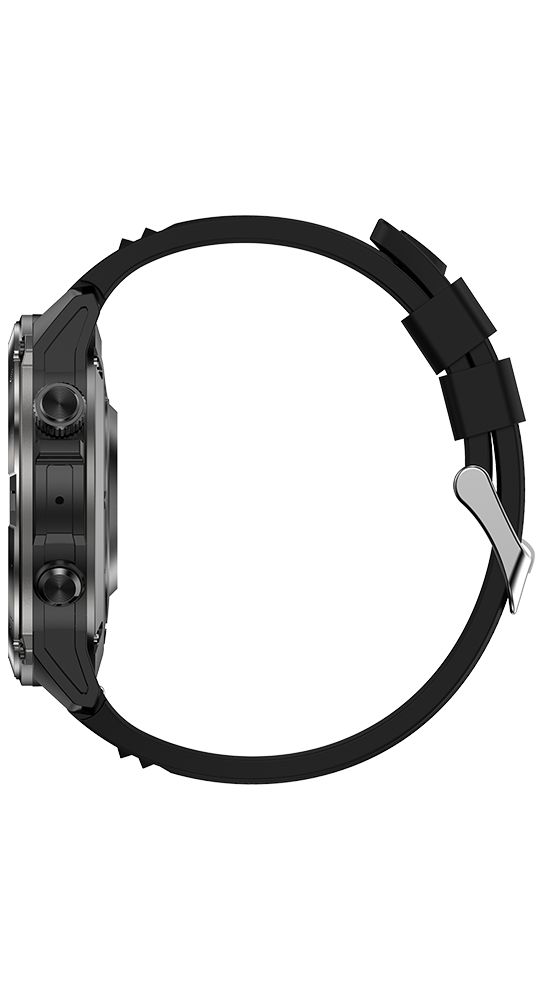 Seitenansicht einer schwarzen Smartwatch. Runde Form, zwei Knöpfe an der Seite. Schwarzes Armband.