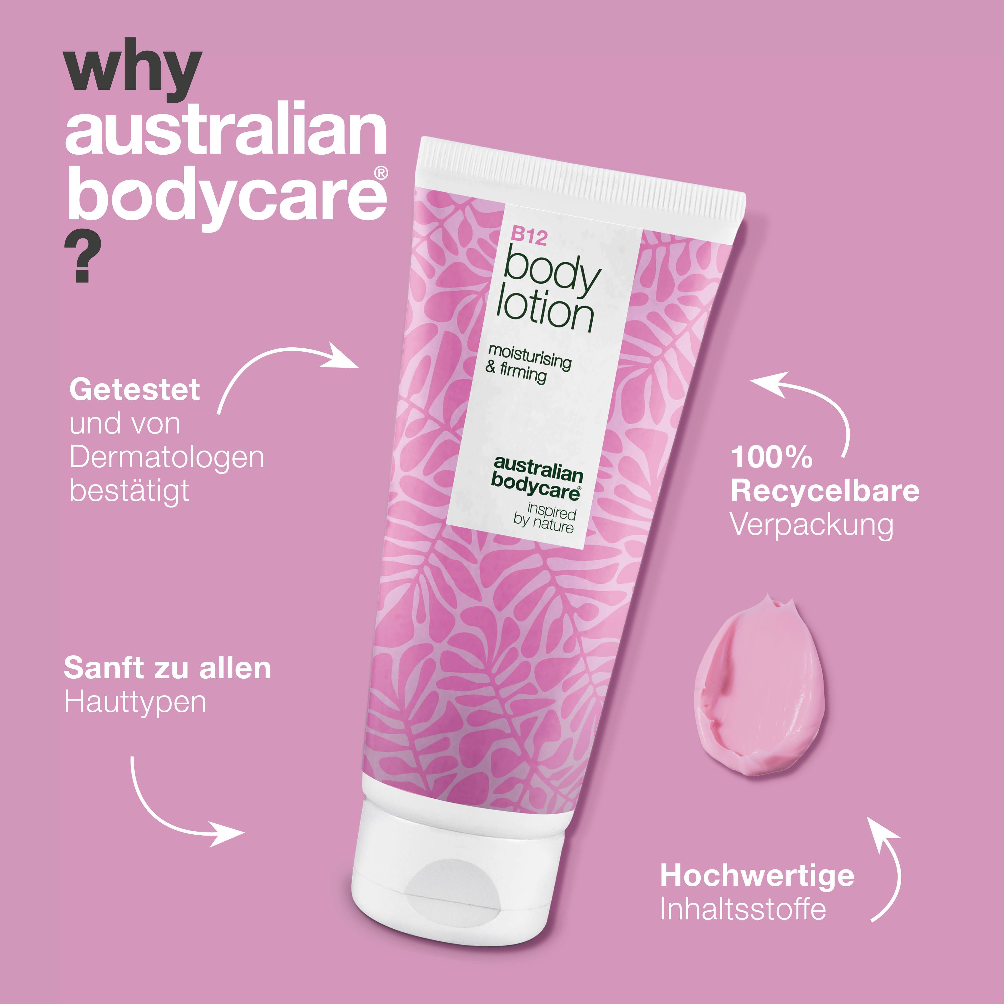 B12 Body Lotion, rosa Tube. Text: Australian Bodycare. Text: Getestet, 100% recycelbar, sanft, hochwertige Inhaltsstoffe.