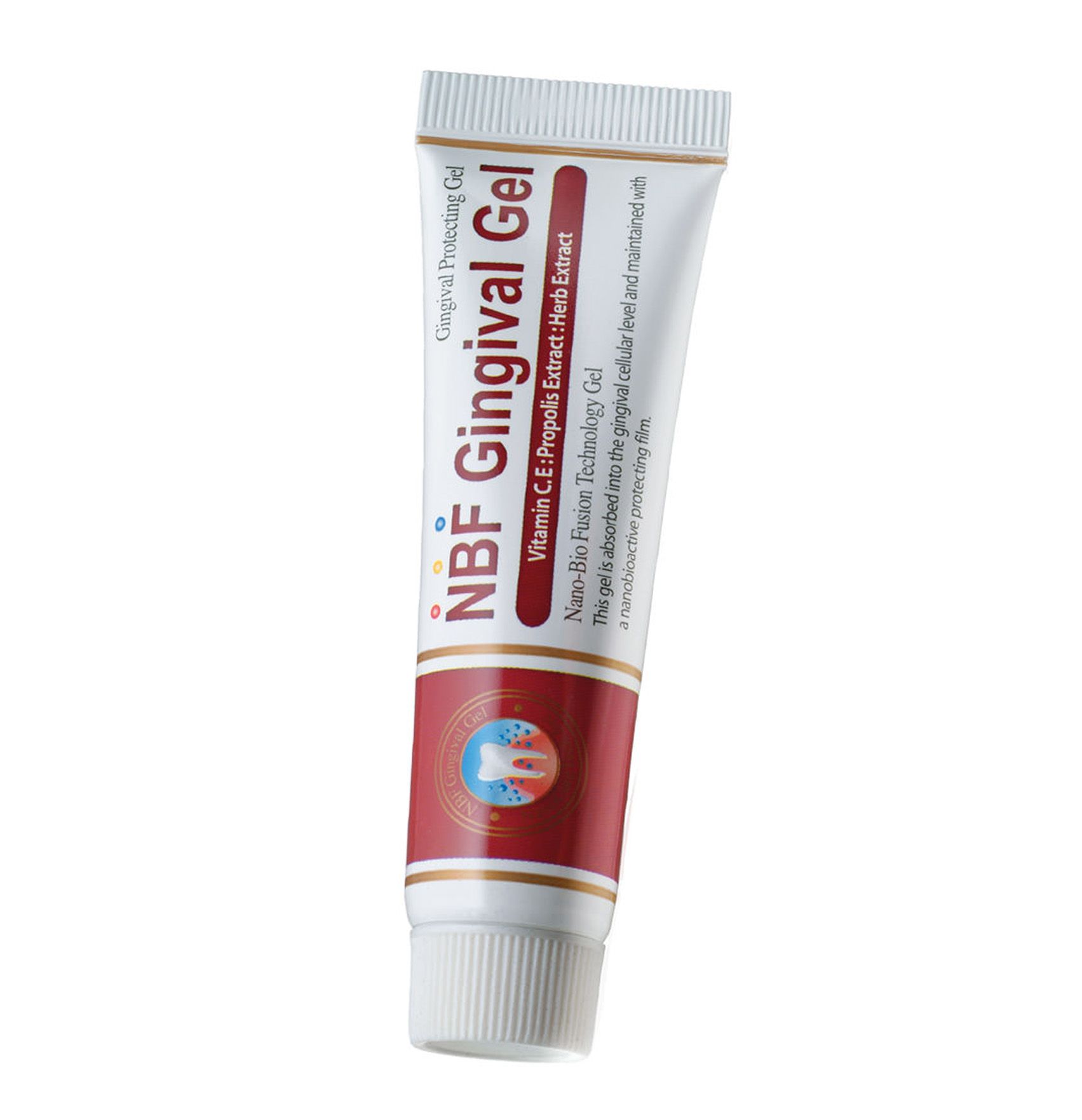 Zahnfleischgel-Tube. Aufschrift: NBF Gingival Gel. Rote und weiße Verpackung mit Produktinformationen.