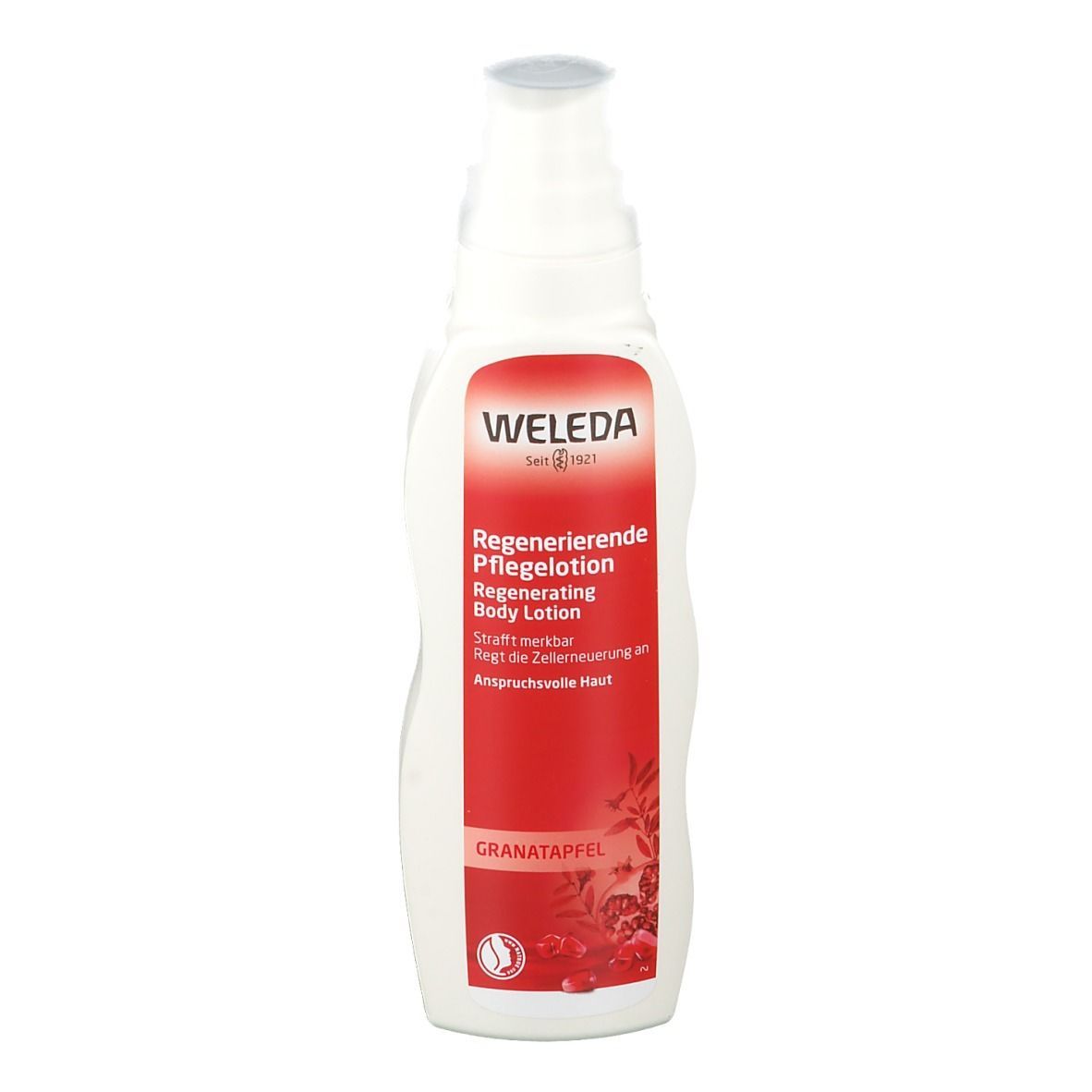 Weleda Regenerierende Pflegelotion. Weiße Flasche mit Spender. Roter Aufkleber mit Produktinformationen.