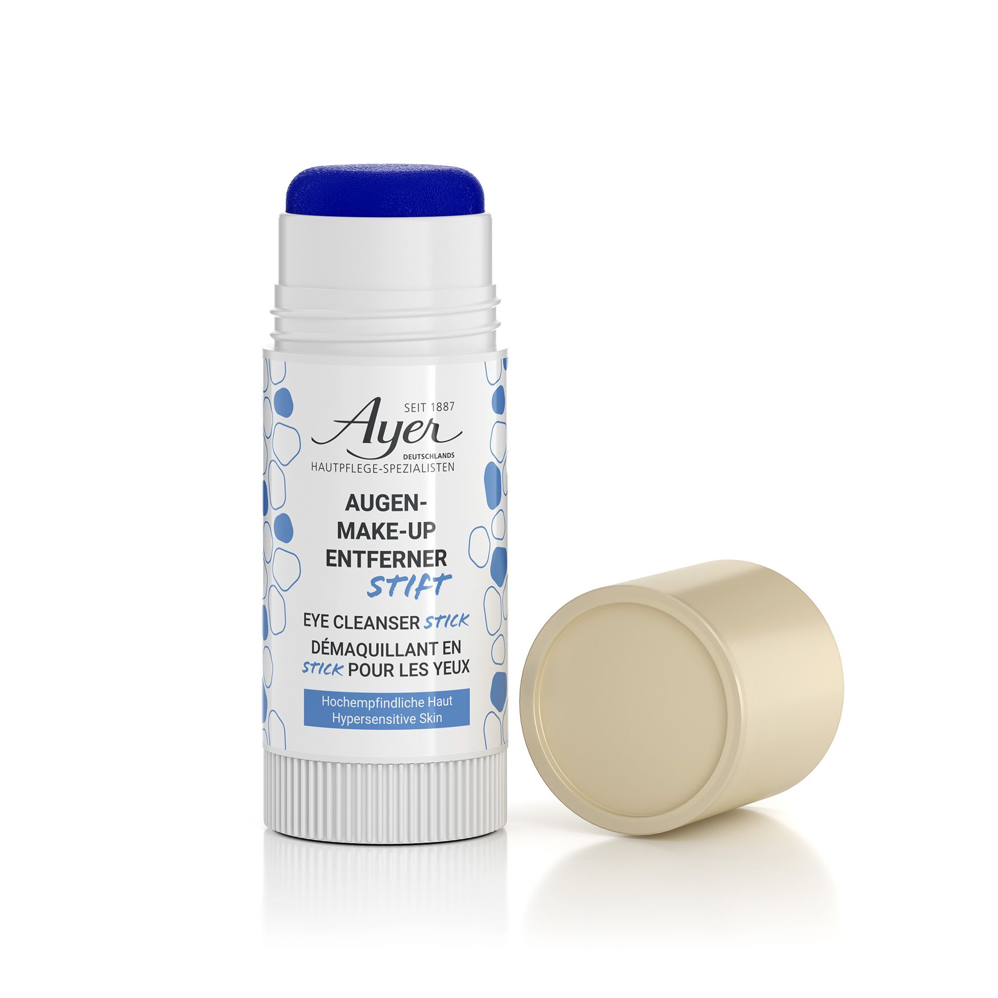 Ayer Eye Cleanser Stick. Weißer Stift mit blauem Deckel. Aufschrift: Augen-Make-up Entferner Stift. Beige Kappe daneben.