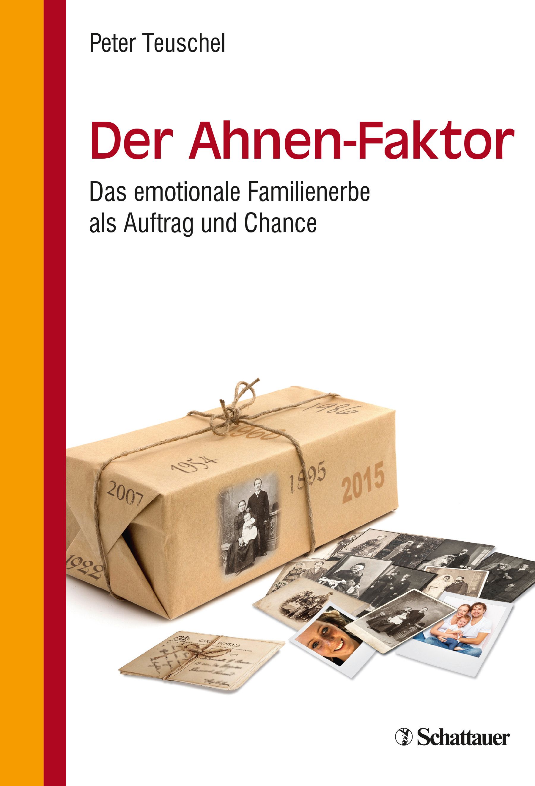 Buchcover: "Der Ahnen-Faktor". Titel und Autor sichtbar. Verpackung mit Fotos. Verlag Schattauer.