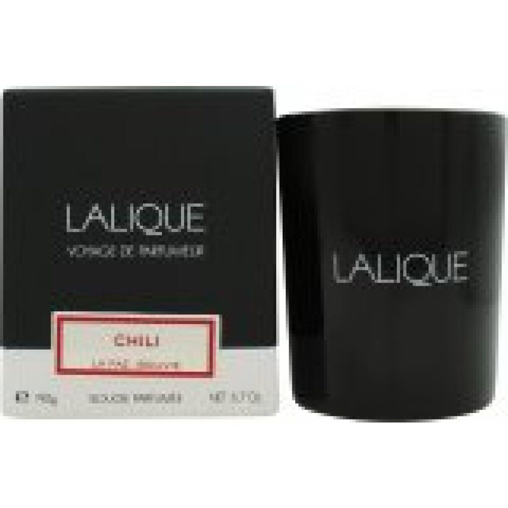 Schwarzer Kerzenbehälter und Schachtel. Aufschrift: LALIQUE. Auf der Schachtel: CHILI, La Paz, Bougie Parfumée.