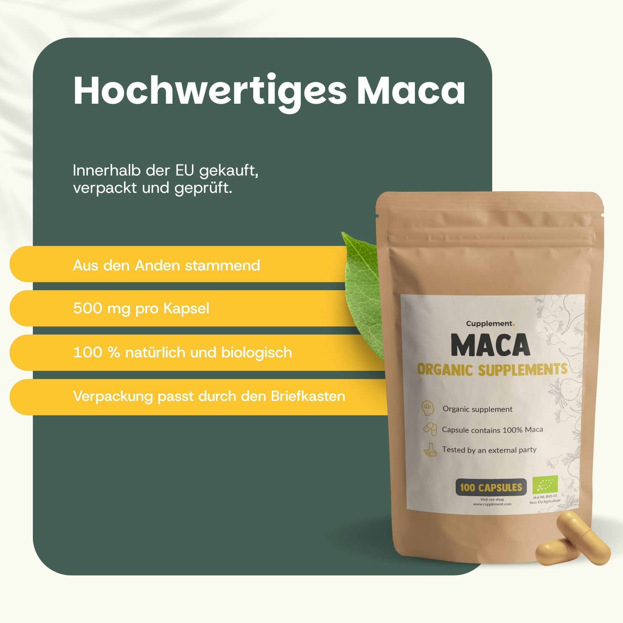 Brauner Beutel mit Kapseln. Aufdruck: Maca, Organic Supplements. 100 Kapseln. 500 mg pro Kapsel. Zertifizierung.