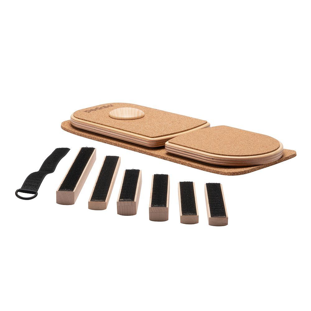 Fußtrainer-Set: Kork-Plattformen, Holzkeile, Klettstreifen, Band.