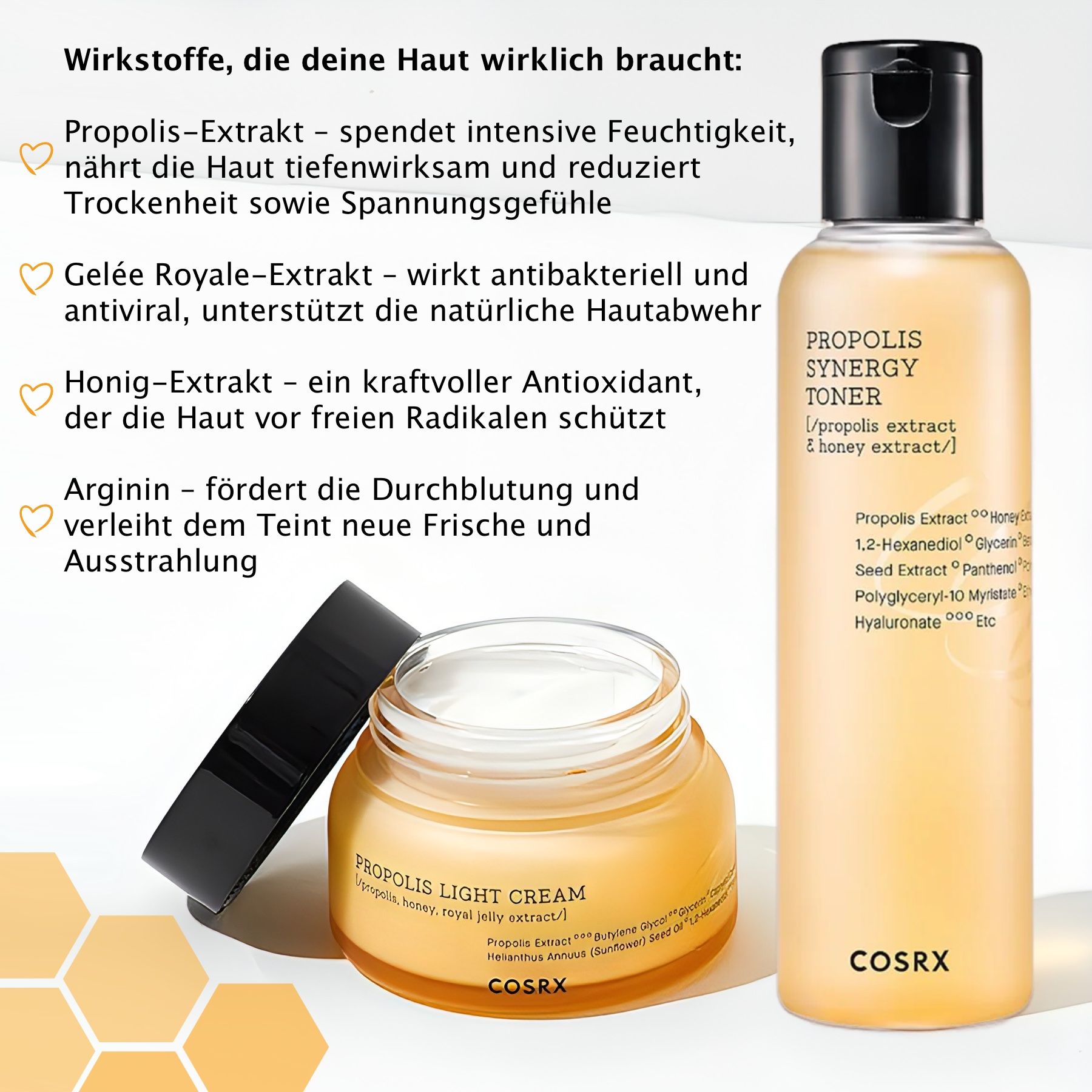 Tiegel COSRX Propolis Light Cream und Toner. Gelbes Glas, schwarzer Deckel. Toner-Flasche.