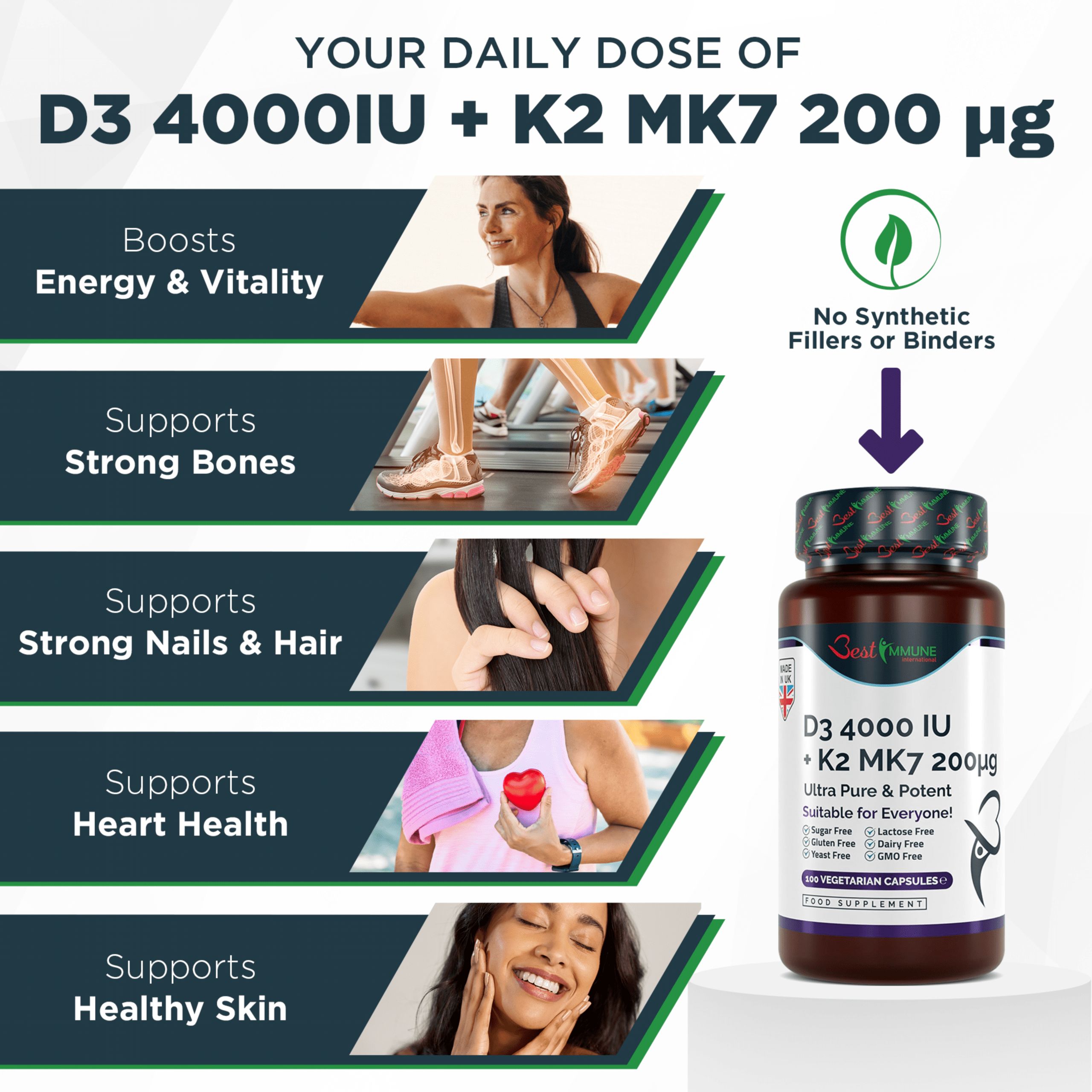 Best Immune Vitamin K2 MK7 200 mcg D3 (Cholecalciferol) 4000 IE