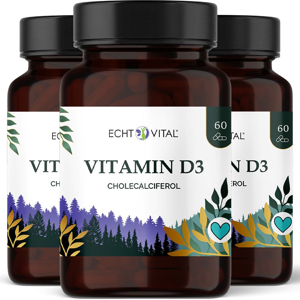 Drei Flaschen Echt Vital Vitamin D3 mit Cholecalciferol. Jede Flasche enthält 60 Kapseln.